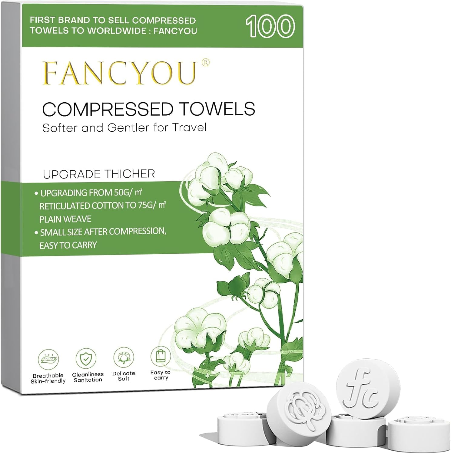 Fancyou Compressed Towels Tablets, Thick Disposable Face Towel Compact Portable Cotton Wipes Coin Tissues for Mini Travel Essentials, Travel Skin Care, Beauty Salon, Gym, Tattoo, Home(100 Count Green) image number 5
