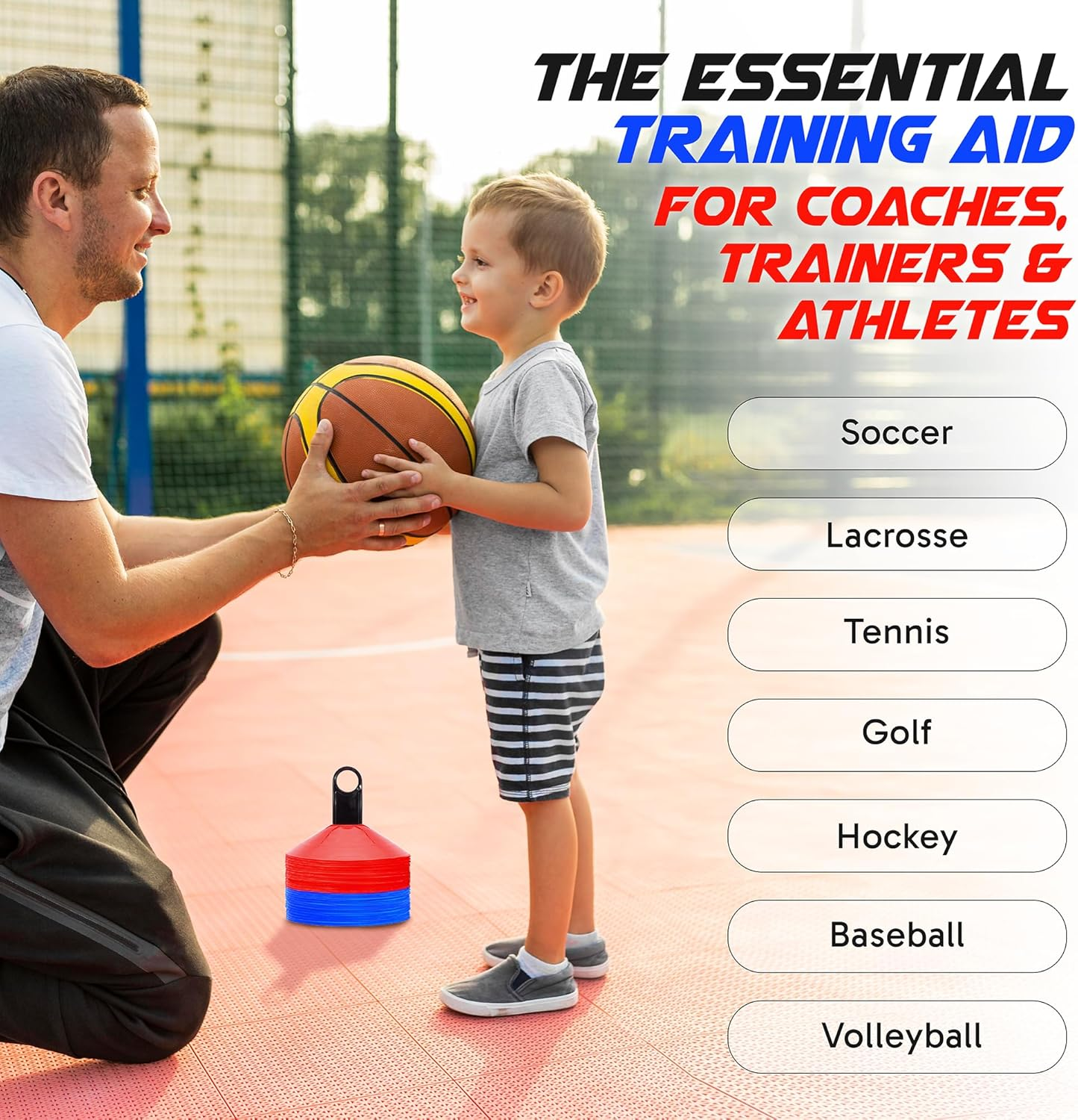 Pro Disc Cones (Set of 50) - Agility Soccer Cones with Carry Bag and Holder for Sports Training, Football, Basketball, Coaching, Practice Equipment, Kids - Includes 15 Best Cone Drills Book