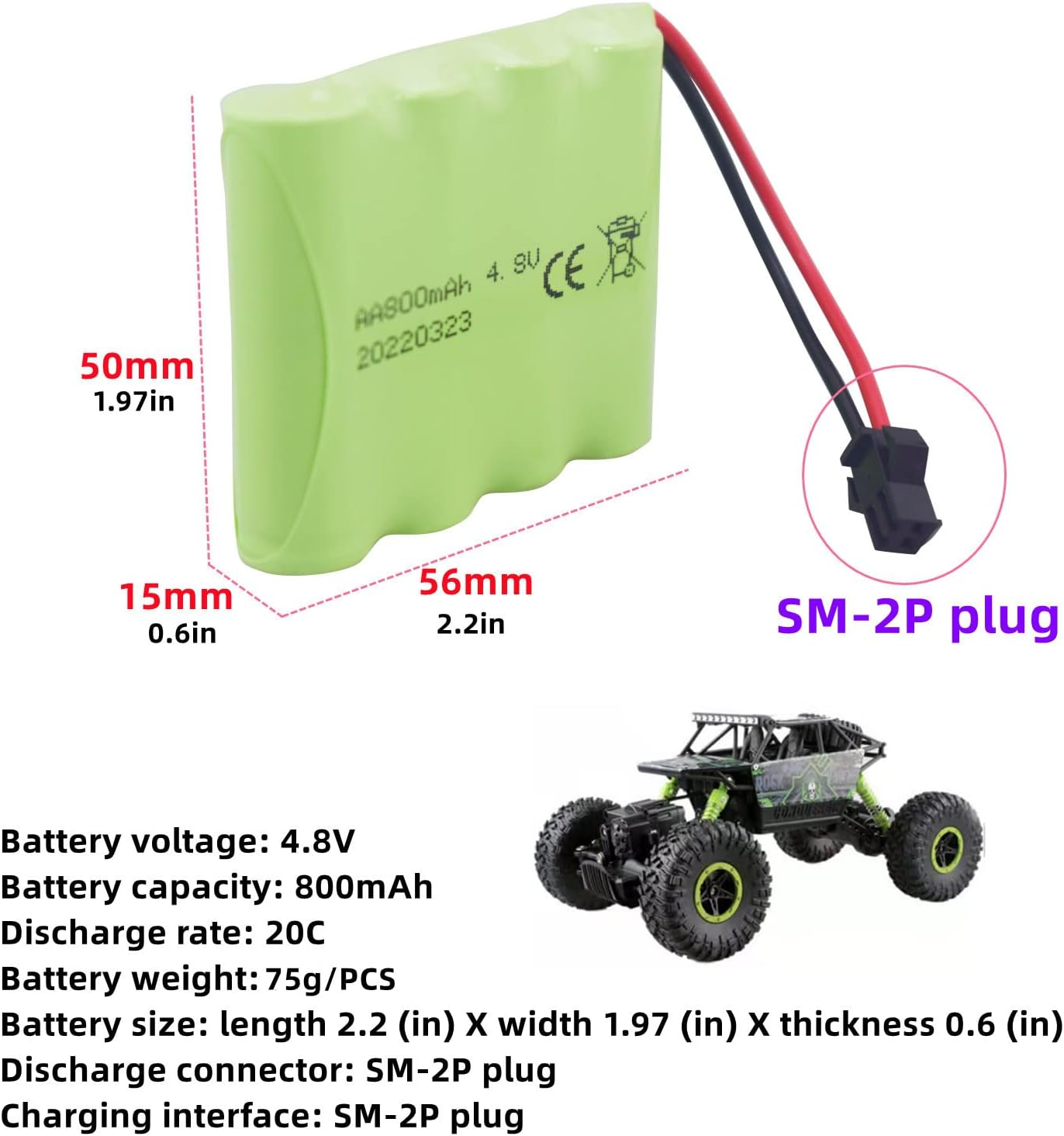 2PCS AA 4.8V 800Mah Rechargeable RC Car Battery SM2P Plug RC Truck Stunt Car Excavator Car Battery and USB Charging Cable image number 3