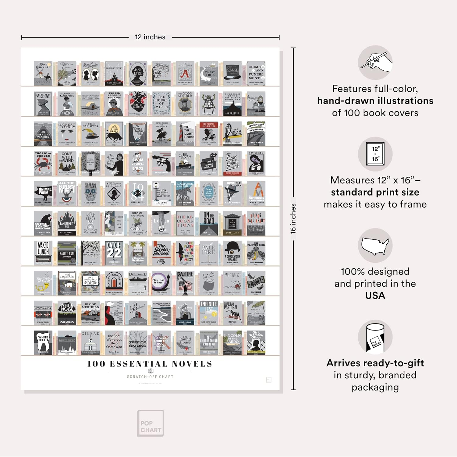 Pop Chart | 100 Essential Novels Scratch-Off Poster | 12" X 16" Scratch-Off Art Print | a Bucket List of the Top 100 Fiction Books | Literary Wall Decor for Home or Classroom | 100% Made in the USA image number 3