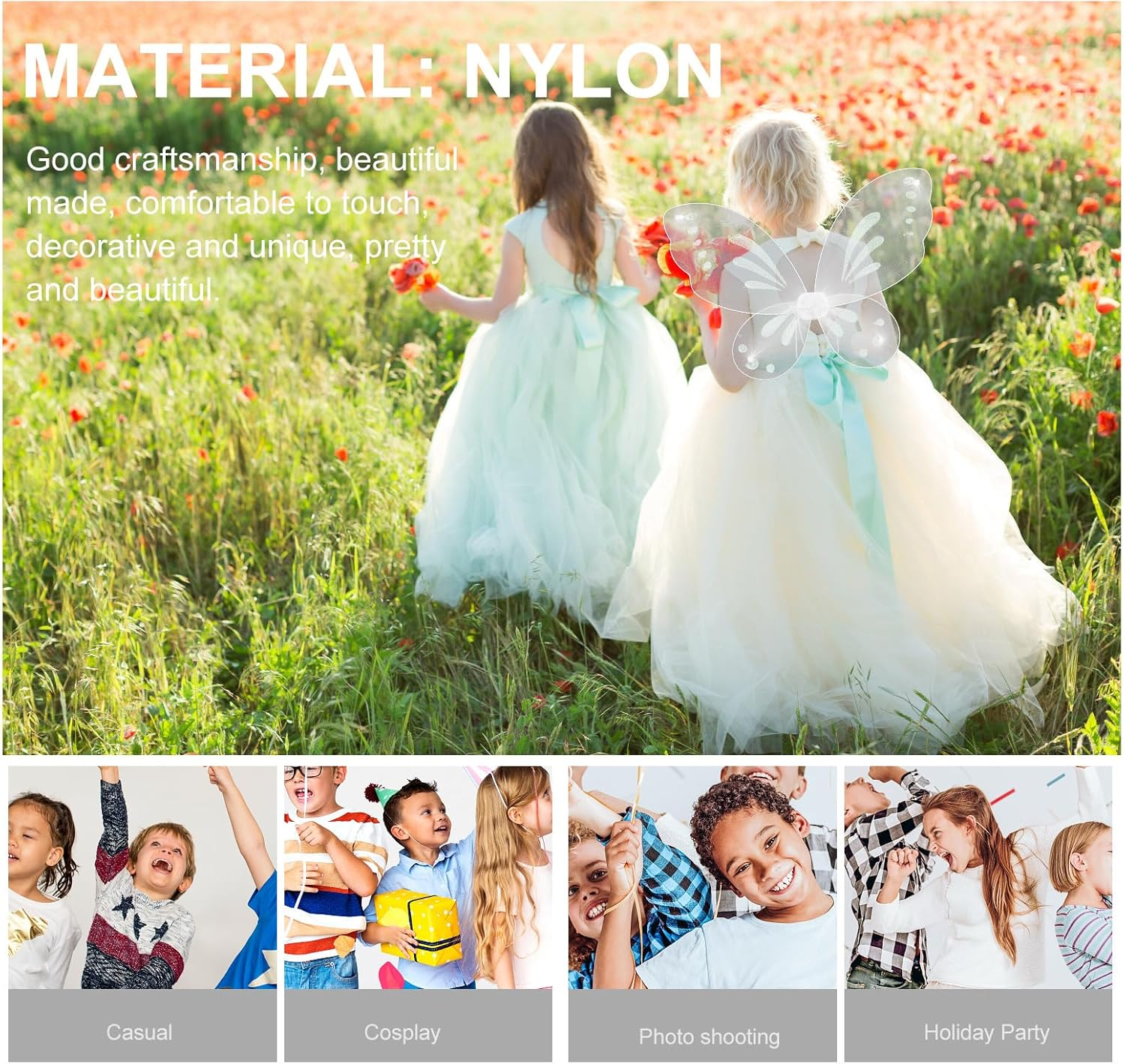 Fairy Wings for Kids, White Butterfly Costume Accessories with Elastic Straps, Nylon Wings for Toddler Dress up Birthday Christmas Parties image number 6
