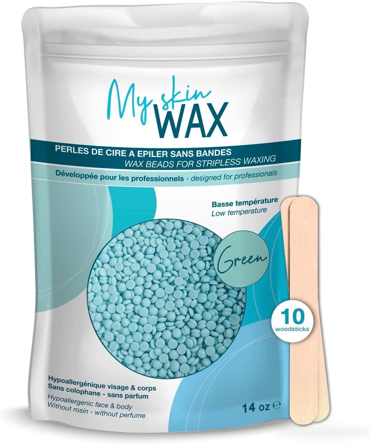 My Skin Wax - Hard Wax Beads, 400G, Hypoallergenic, Wax Beads for Sensitive Skin, Painless, Stripless Hair Removal Wax, Men, Women, Face Wax, Leg Wax, Bikini Wax, Brazilian, Eye Brow, Lip