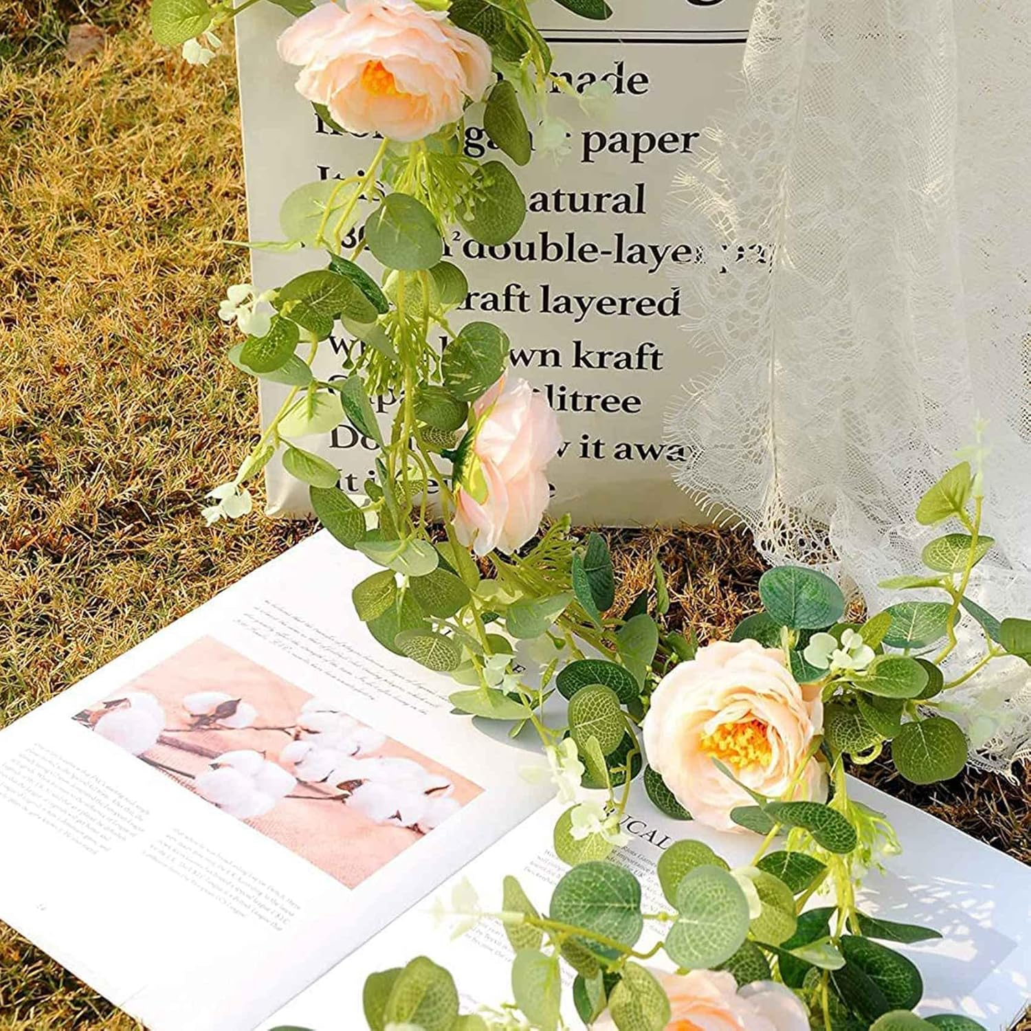 Qeunrtiy 2 Pack Eucalyptus Garland with Champagne Rose, Greenery Garland Bulk Artificial Silk Floral Eucalyptus Leaves Vines(B) image number 1