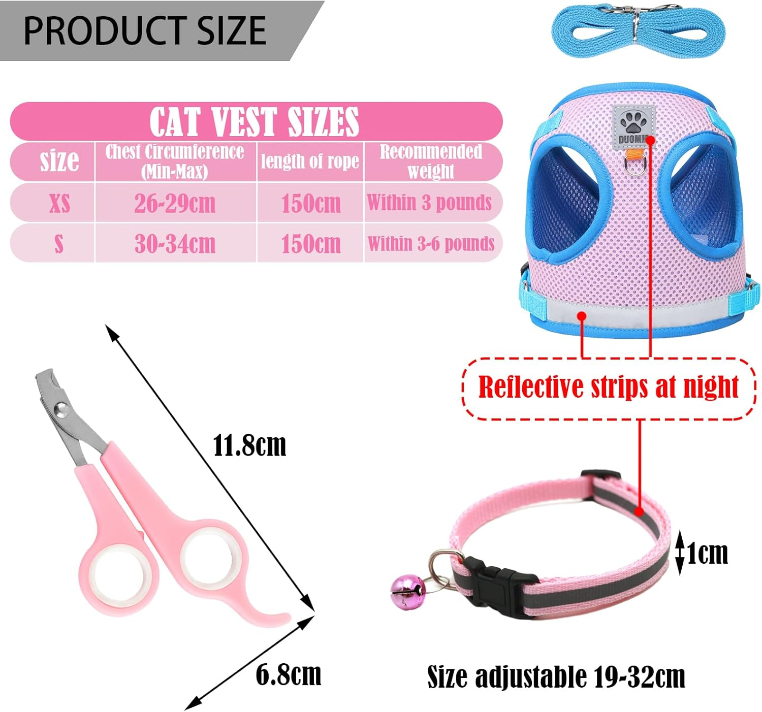 TYXHXTF Cat Harness and Lead Set, Soft Mesh Harness for Cats, Escape Proof Cat Kitten Walking Vest, Adjustable Reflective Strips Vest Harnesses with Collar, for Small Cats Pets(S Pink) image number 3