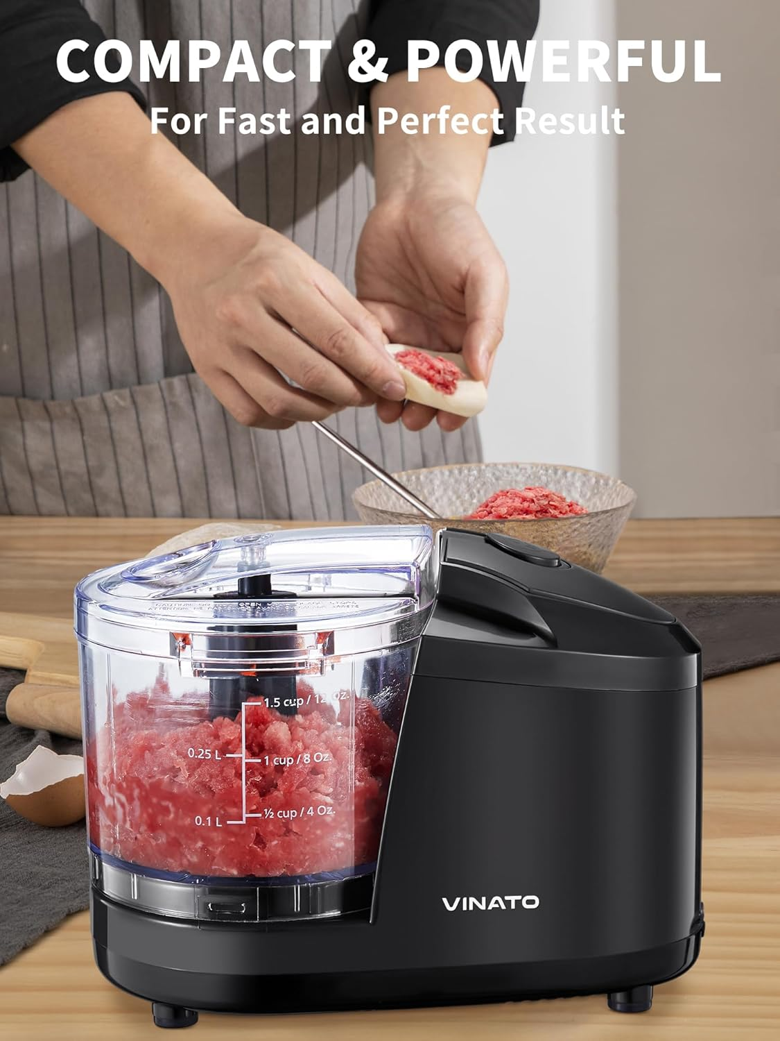 VINATO Electric Meat Mincer, Electric Kitchen Mincer with Content 1.5 Cups/12 Oz, Chopper for Mincing Meat, Onions, Fruits and Vegetables image number 5