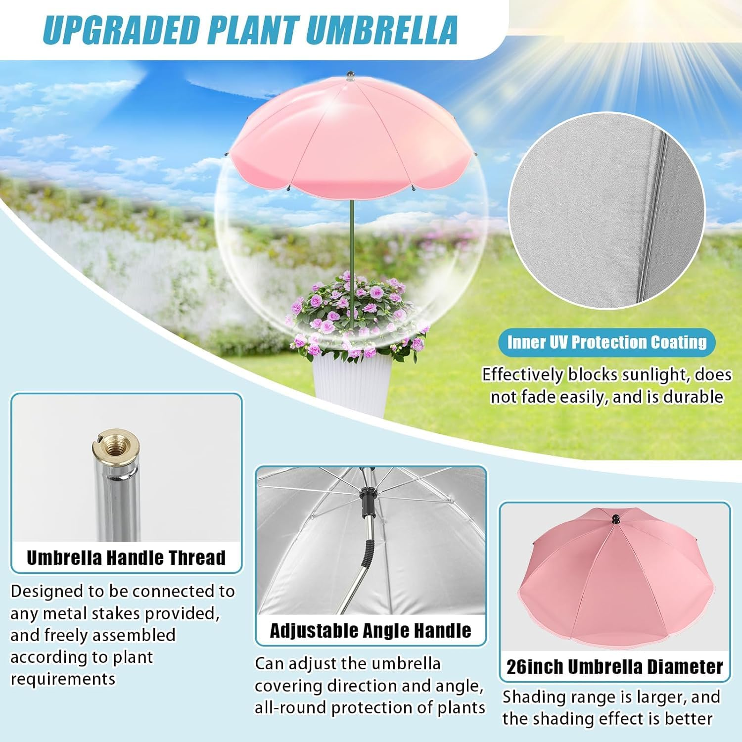 Plant Umbrellas for Outdoor Plants, 4 Pack Upgraded 26" Larger Garden Umbrella Shade with Adjustable Angle, 43.4" Higher Sun Shade, Potted Plant, Garden Beds image number 4