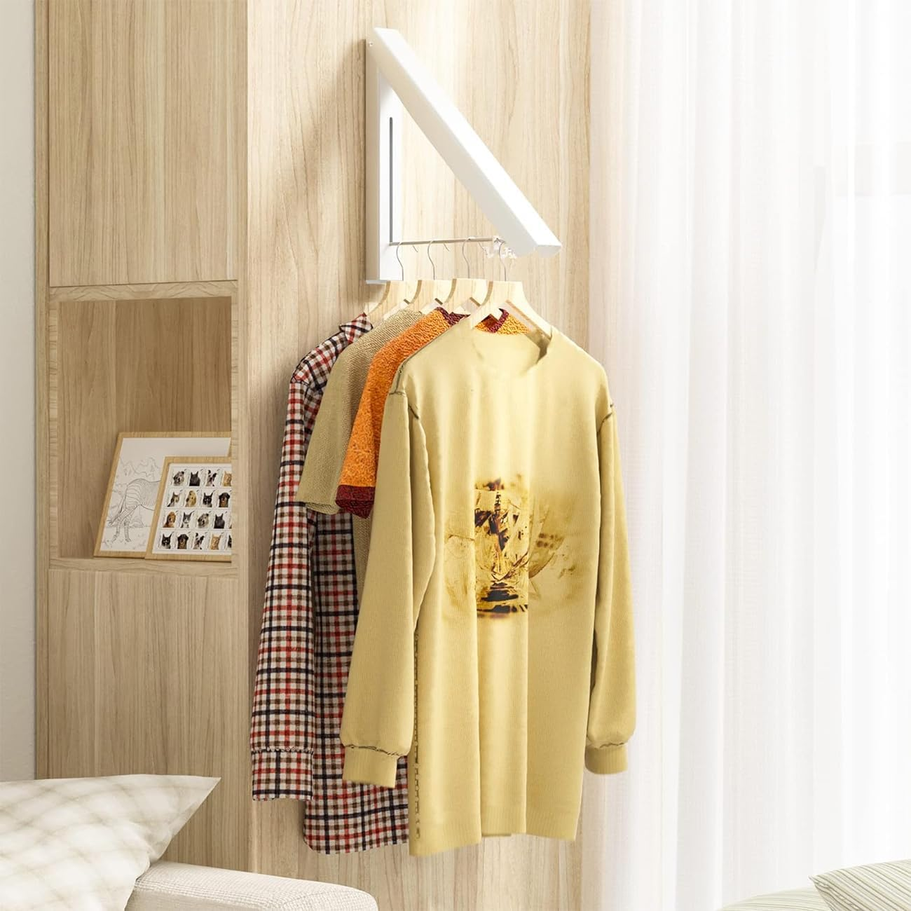 Foldable Wall Mounted Drying Rack with 80CM Extension Rod，Heavy Duty Aluminum Telescopic Clothes Hanger for Laundry Room Organisation Storage Drying Hanging Clothes with Drying Rod (2-Pack, White) image number 3