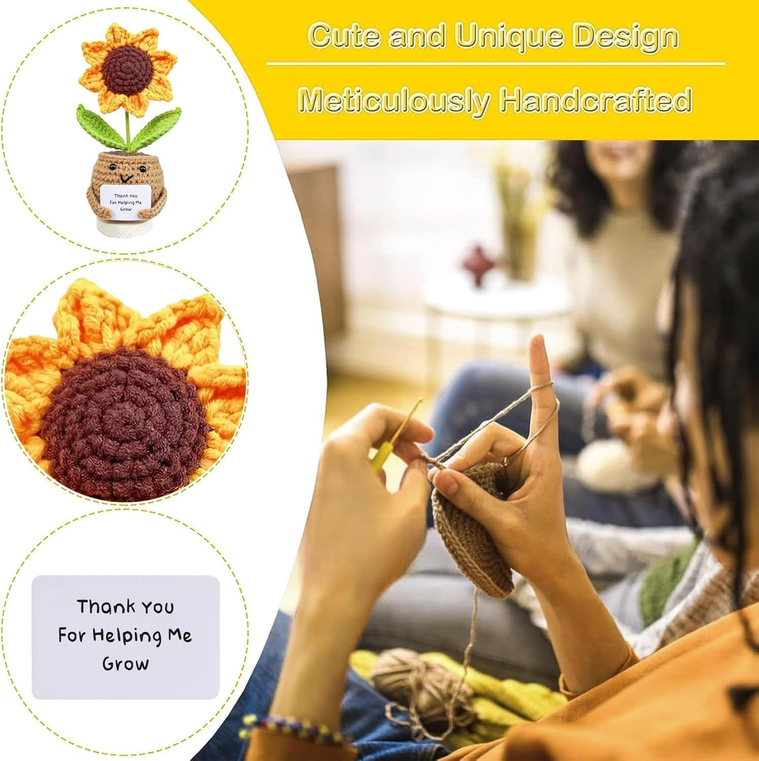 Handmade Positive Sunflower Doll Crochet with Card - Thank You for Helping Me Grow - Teacher Appreciation Gift from Student - Christmas, Birthday, Graduation image number 4