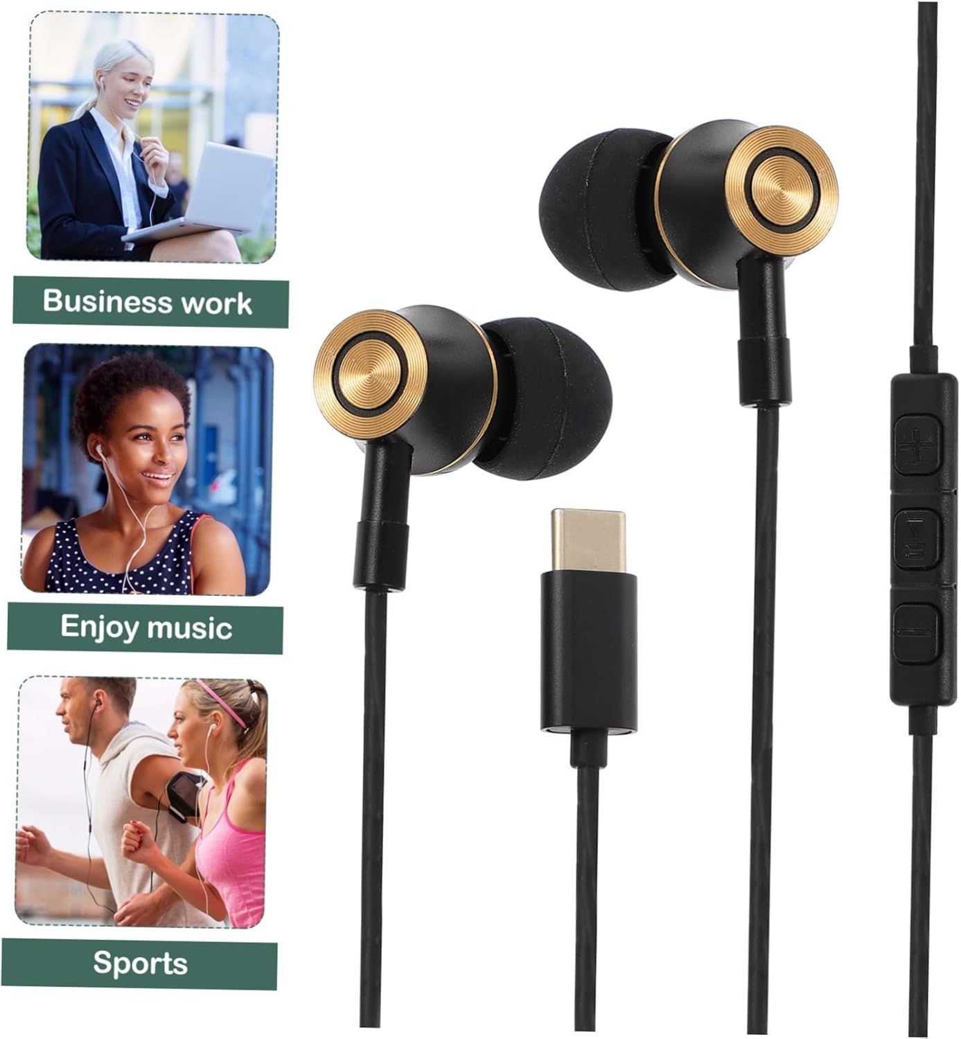 KALLORY Usb-C Headphone Wired In-Ear Earphone Key Control Noise Canceling Stereo Sound for Phone and Tablet Ergonomic Fit Black image number 3