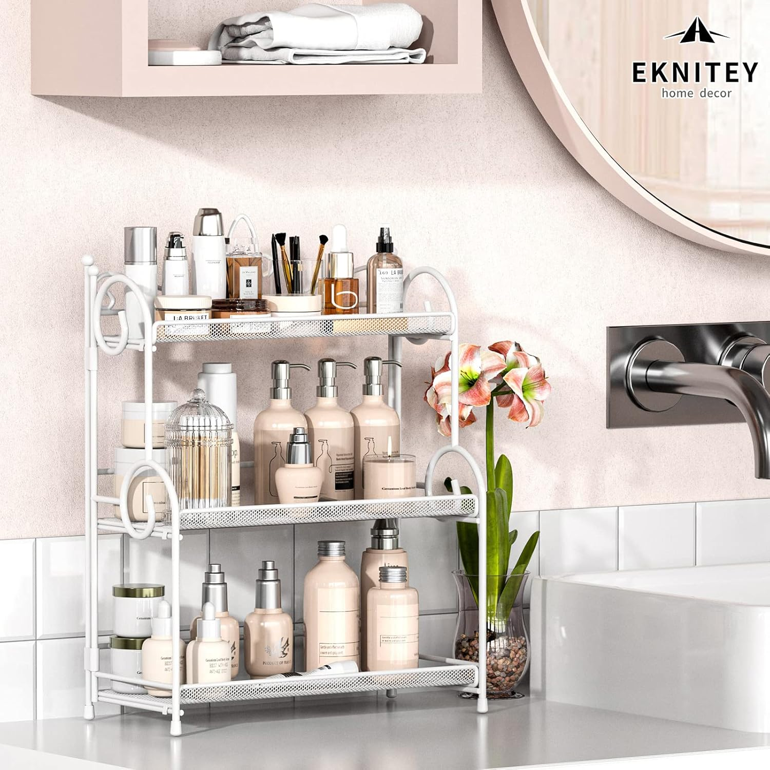 EKNITEY 3-Tier Bathroom Organizer - Sink Organizer Spice Rack for Countertop Storage, White (No Assembly) - Black image number 6