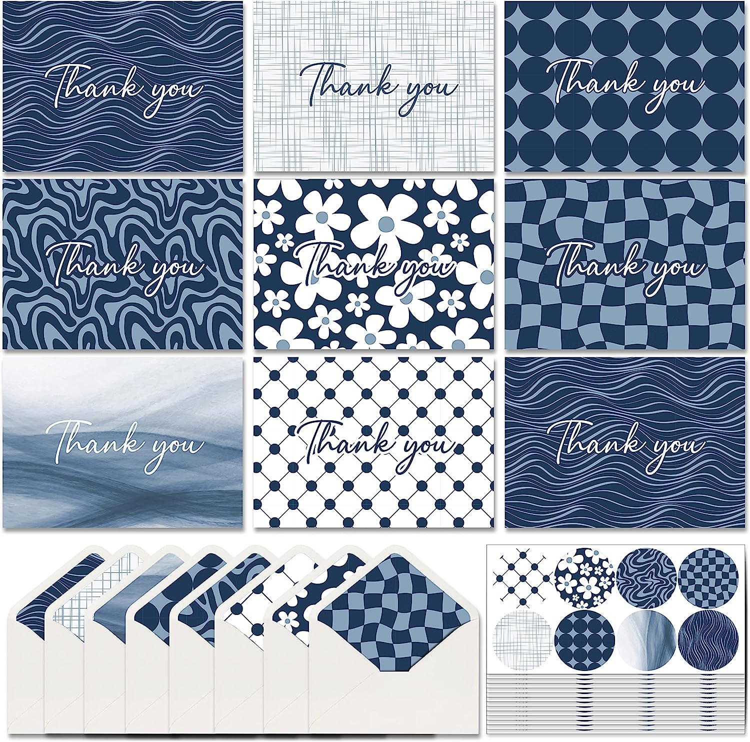 Elegant Blue Thank You Cards - Bulk Set of 96 with Self-Seal Envelopes and 104 Stickers - Perfect for Weddings, Business, Graduation, Baby Shower and More - 8 Unique Designs to Show Your Appreciation image number 4