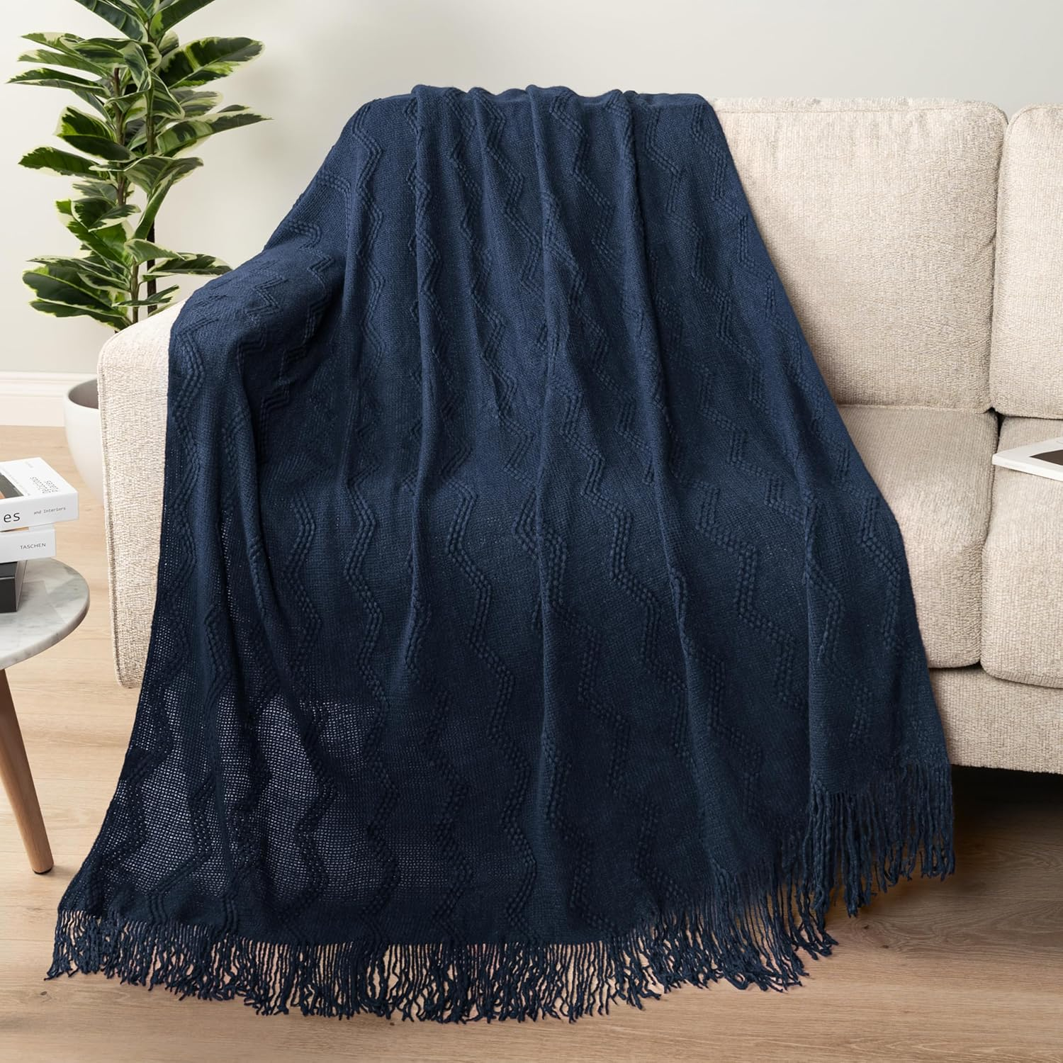 PAVILIA Navy Blue Knit Throw Blanket for Couch, Soft Knitted Boho Blanket, Farmhouse Home Decor Woven Throw, Cozy Decorative Afghan Bed Sofa, Outdoor Summer Fall Gift, Lightweight, Dark Blue, 50X60 image number 6