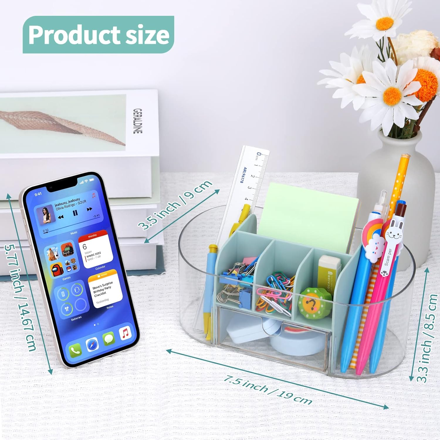 LETURE Clear Desk Organizer with Drawer, Acrylic Pen Pencil Markers Holder, Clear Office Supplies and Accessories,Desktop Organizer for Room College Dorm Home School (Blue) - Blue image number 2