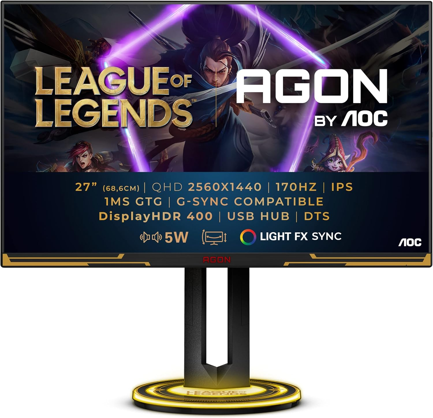 AOC Agon- 27 Inch QHD Gaming Monitor, 170Hz, IPS, 1Ms GTG, League of Legends Light FX Sync, HDR 400 (2560 X 1440 @ 170Hz, 400 Cd/M&sup2; HDMI 2.0 / DP 1.4 / USB 3.2), Black (AG275QXL)