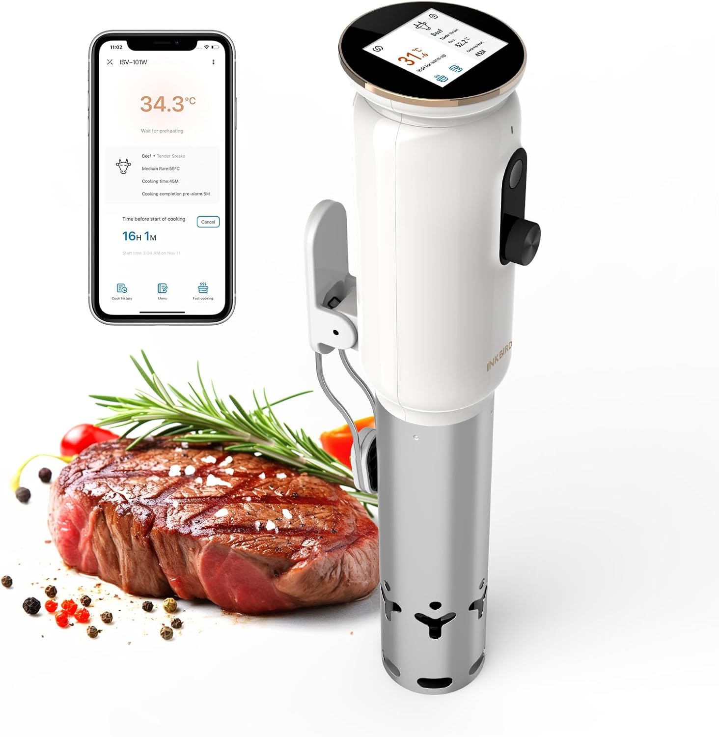INKBIRD Wifi Slow Cooker Sous Vide Machine ISV-101W, 1000 Watts Sous Vide Cooker, 3D Water Circulation Heating with App Preset Menus, Cooking Booking Function, Cooking Completion Pre-Alarm image number 2
