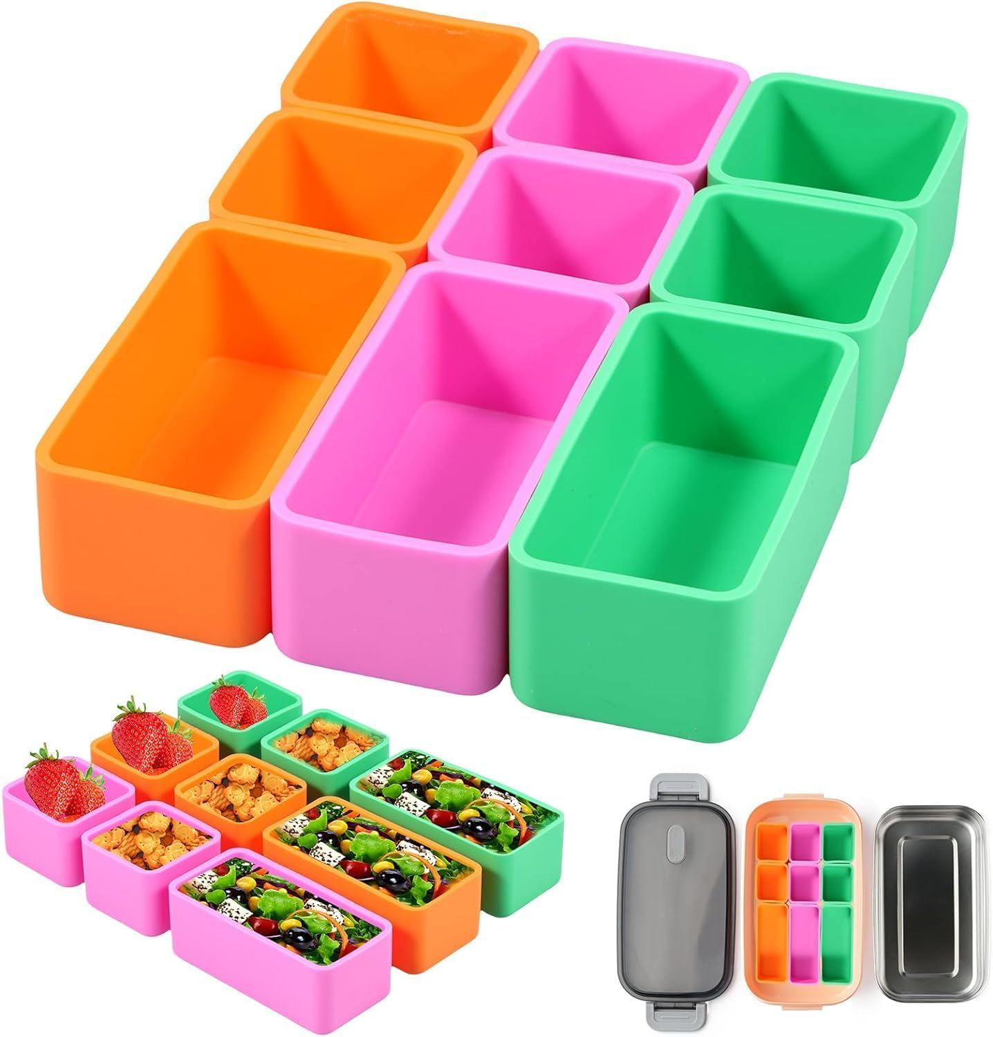 9Pcs Silicone Bento Box Dividers Square 2''X2''X1.5'' Rectangle 4''X2''X1.5'' Bento Baking Cups Temperature Resistant Lunch Box Food Divider Insert for Kids Office School image number 2