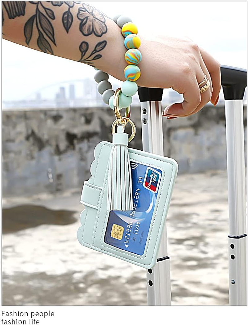 Silicone Beaded Bracelet Leather Keychain Wallet ID Card Holder Keyring Wristlet Bracelet Key Ring Chain Tassel Purse Women Girls Mint Green