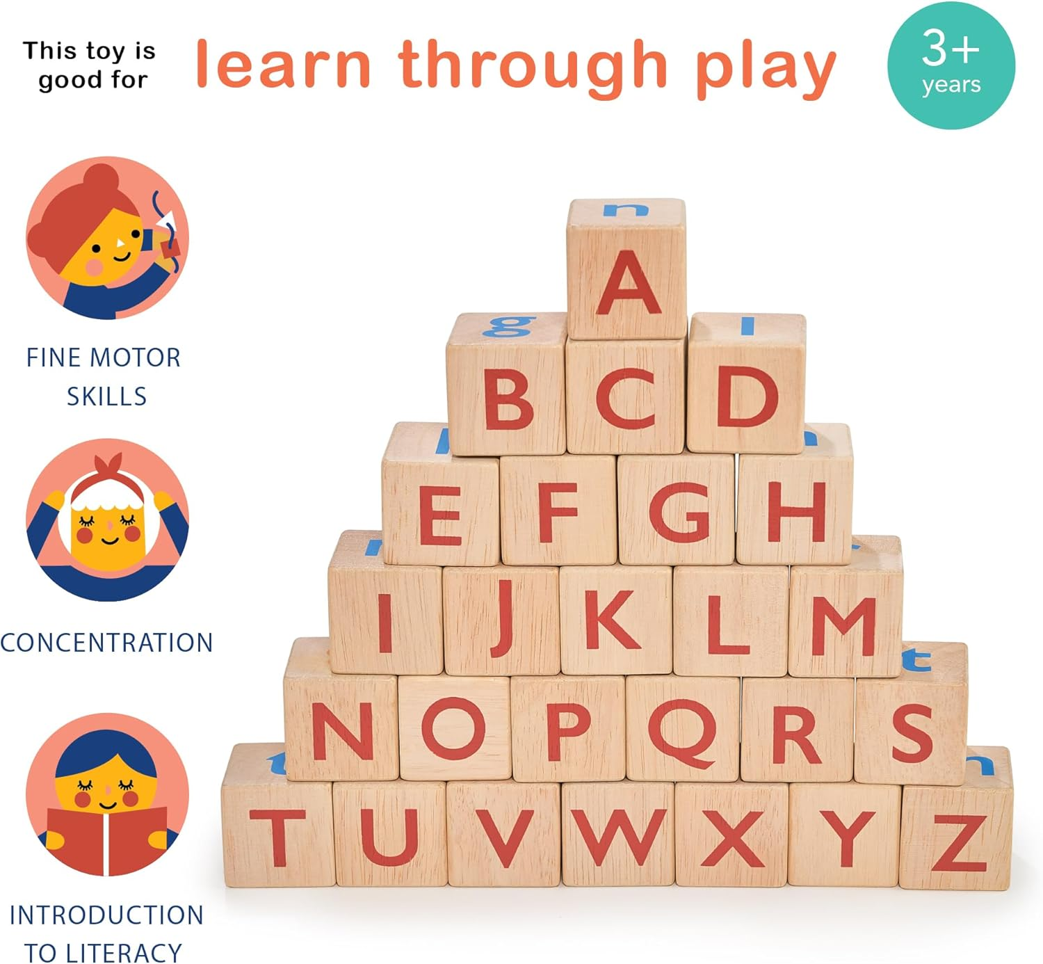 Mentari Toys - Alphabet Spelling Blocks - Wooden Block Letters Come with Drawstring Bag for Easy Storage - Age 3+ Year Old