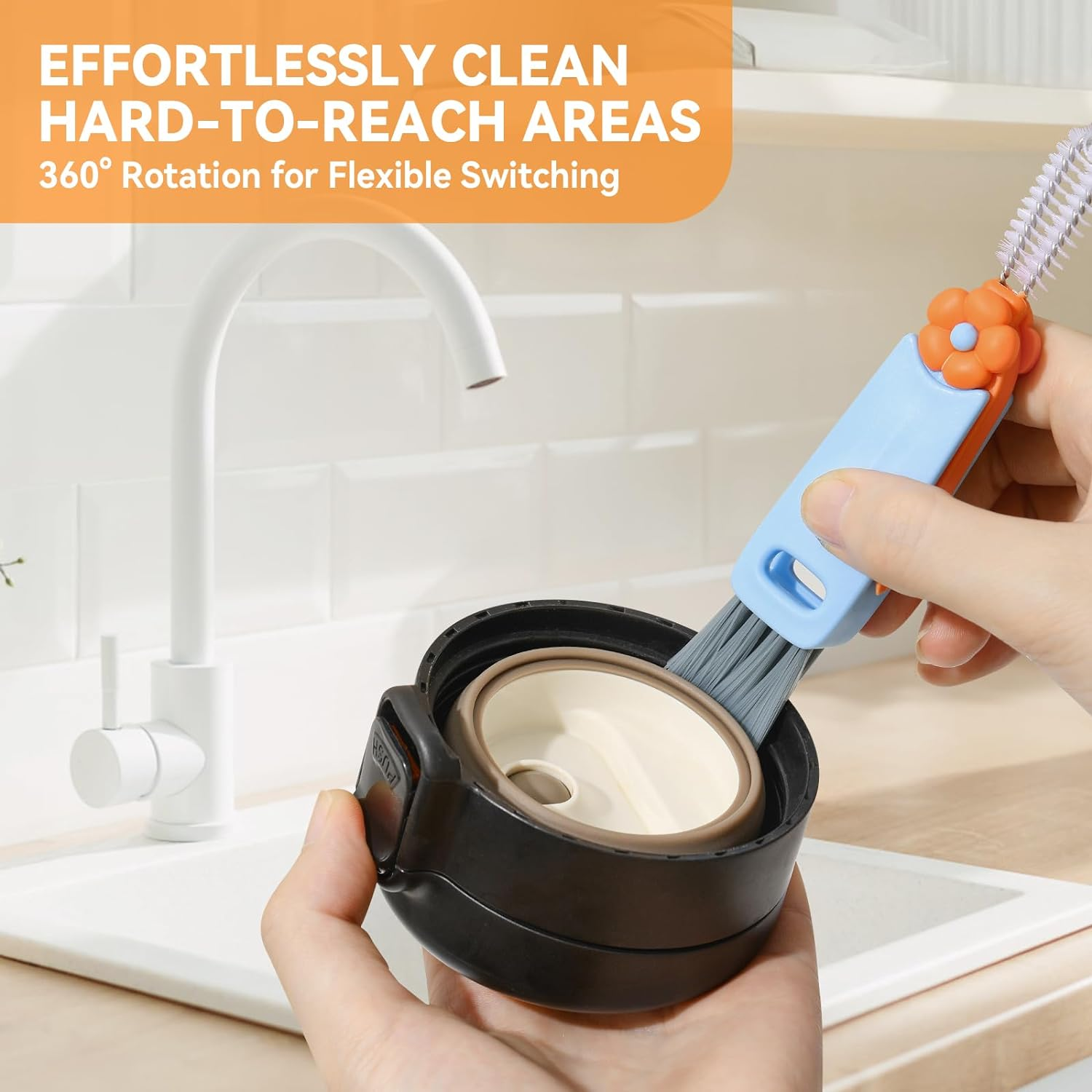 3 in 1 Cup Lid Cleaning Brush, Multifunction Crevice Cleaning Brush, Home Kitchen Crevice Cleaning Tools Flowers Blue image number 1