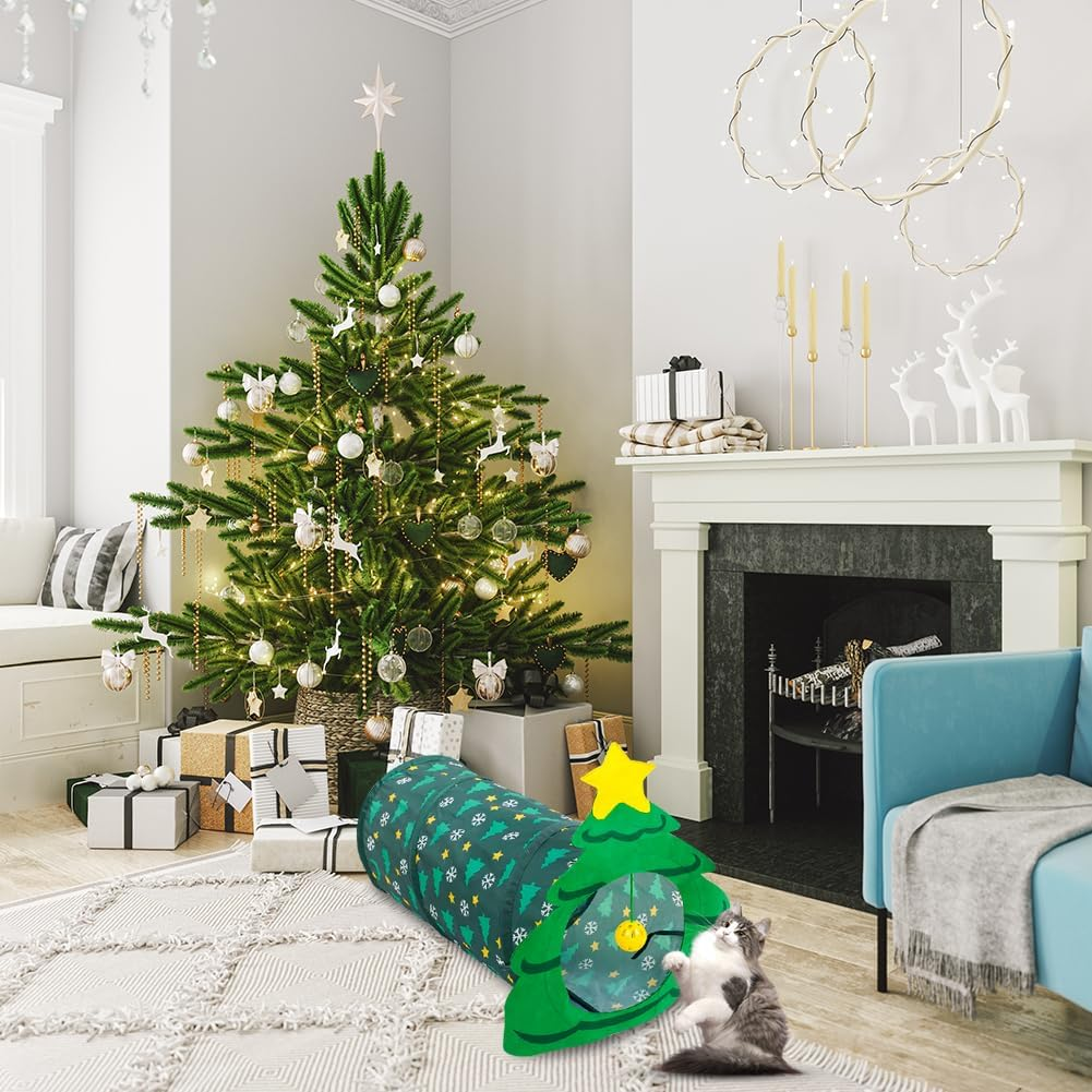 Cat Tunnel Tube Toy Christmas Tree Crinkle Interactive Pet Toy Outdoor Dog Play Tunnels with Suspended Ball Collapsible Kitten Exercise Tunnel Cat for Cats Puppy Rabbit Cat Tunnel Toy 25 * 50Cm