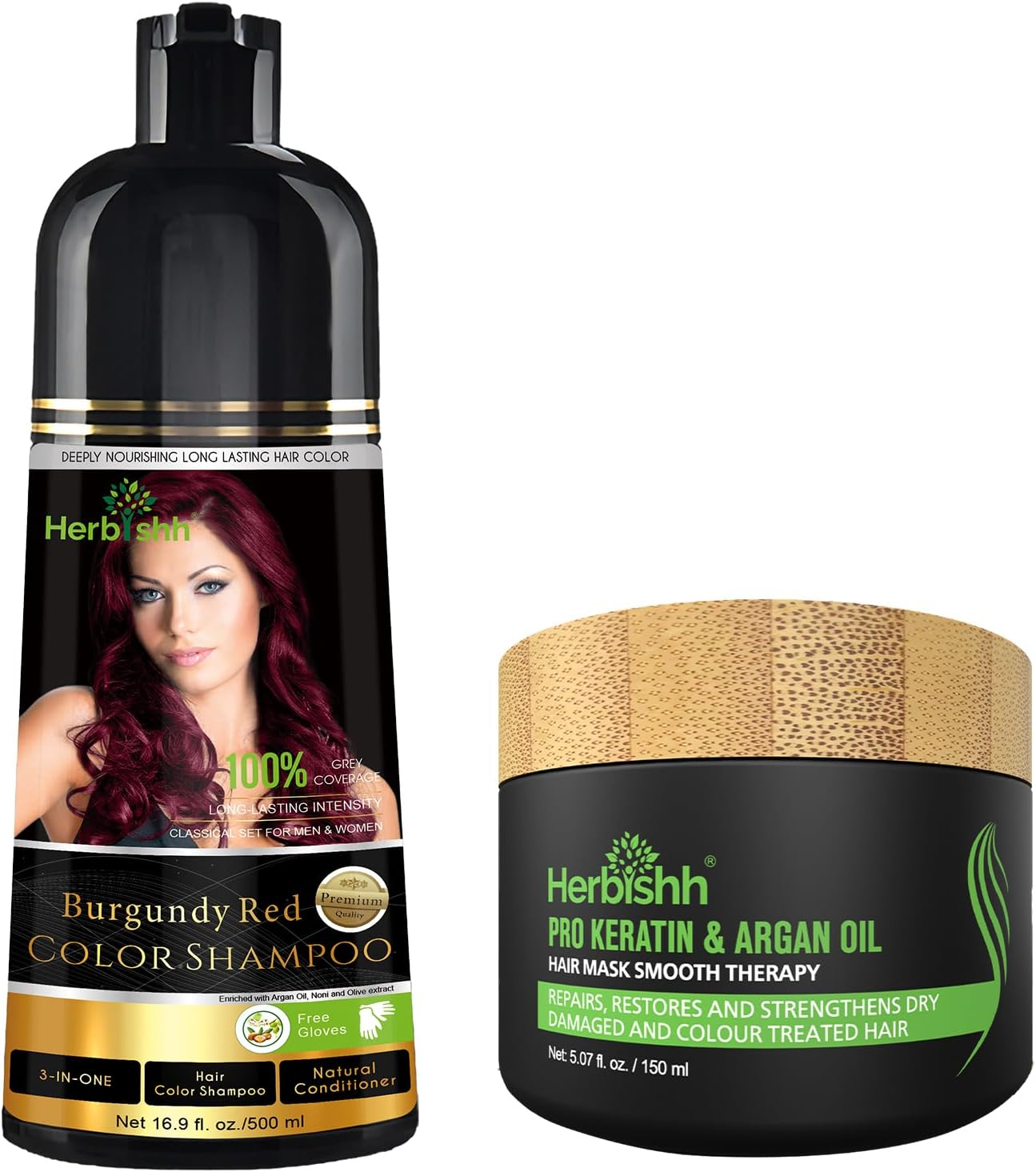 Herbishh Hair Color Shampoo for Grey Hair 500Ml + Argan Hair Mask for Dry or Damaged Hair | Hair Dye | Cover Grey Hair for Men and Women (Black, 500ML+HMASK150)