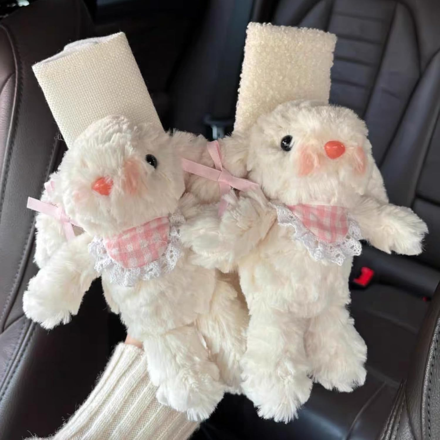 2 PCS Seat Belt Cover Pad, Cute Kawaii Animal Bunny Seatbelt Covers for Adults, Winter Plush Fluffy Soft Seat Belt Cover, Cartoon Seatbelt Cushion,Car Seat Strap Pads (A-Bunny(Pink))