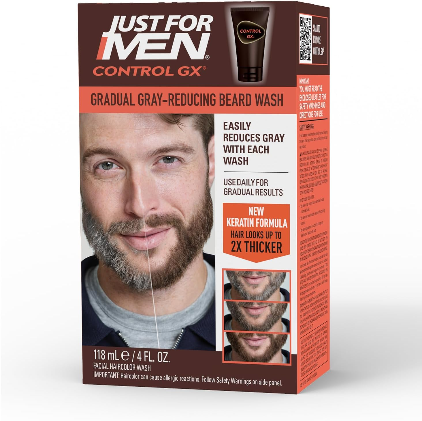 Just for Men Control GX Grey Reducing Beard Wash Shampoo, Gradually Colors Mustache and Beard, Leaves Facial Hair Softer and Fuller, 4 Fl Oz - Pack of 1 image number 2