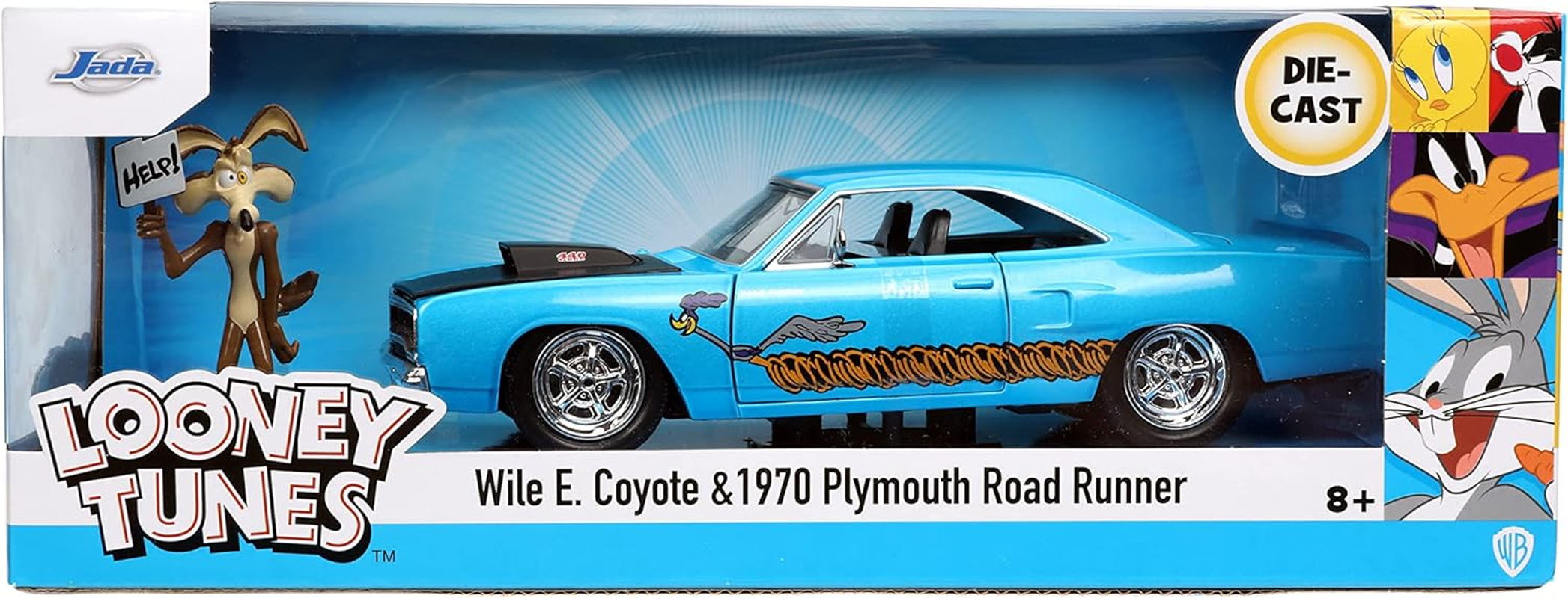Jada Toys Looney Tunes - 1970 Plymouth Road Runner 1:24 Scale Diecast Car with Wile E Coyote Figure