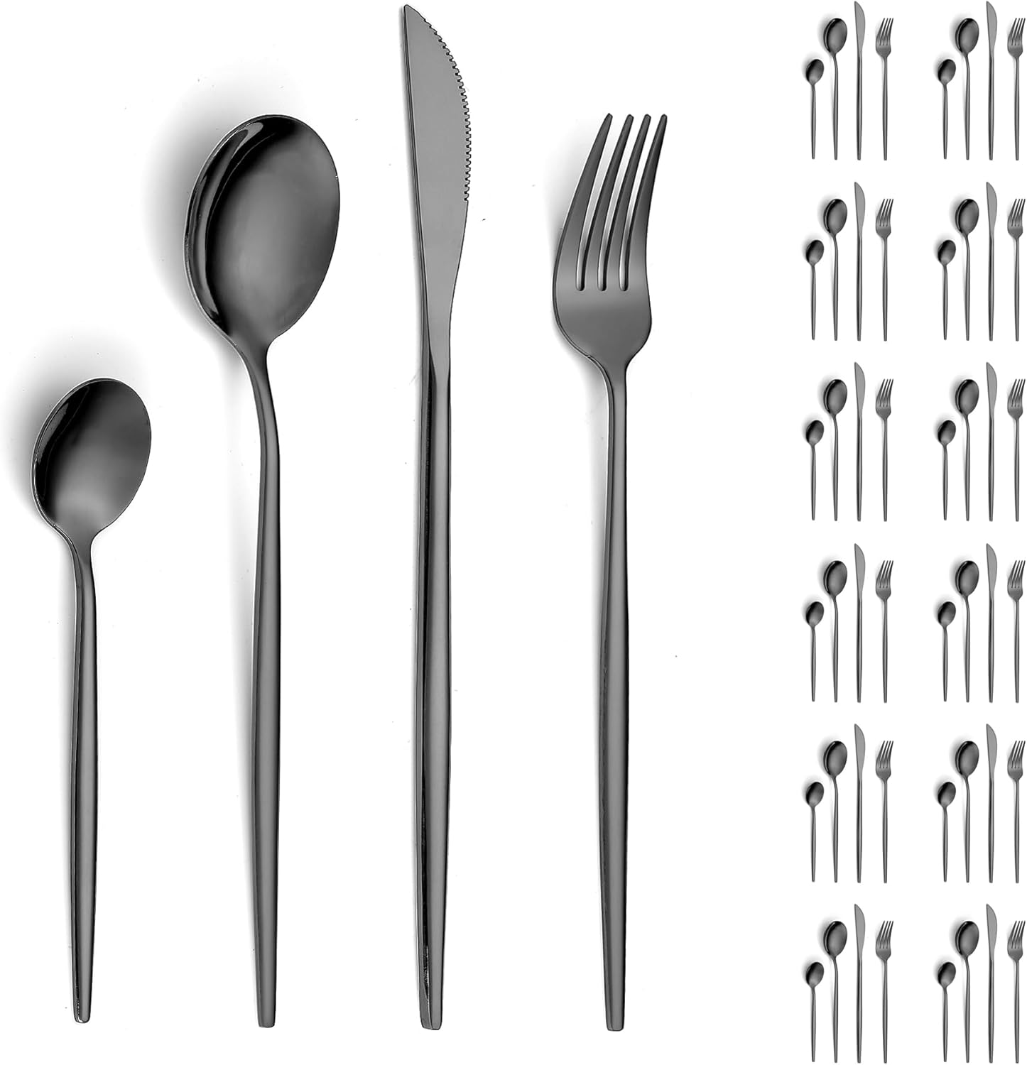Black Cutlery Set 48 Pieces Service for 12, Berglander Titanium Black Plated Stainless Steel Flatware Set, Modern Design Knives Forks Spoons Silverware Set image number 4