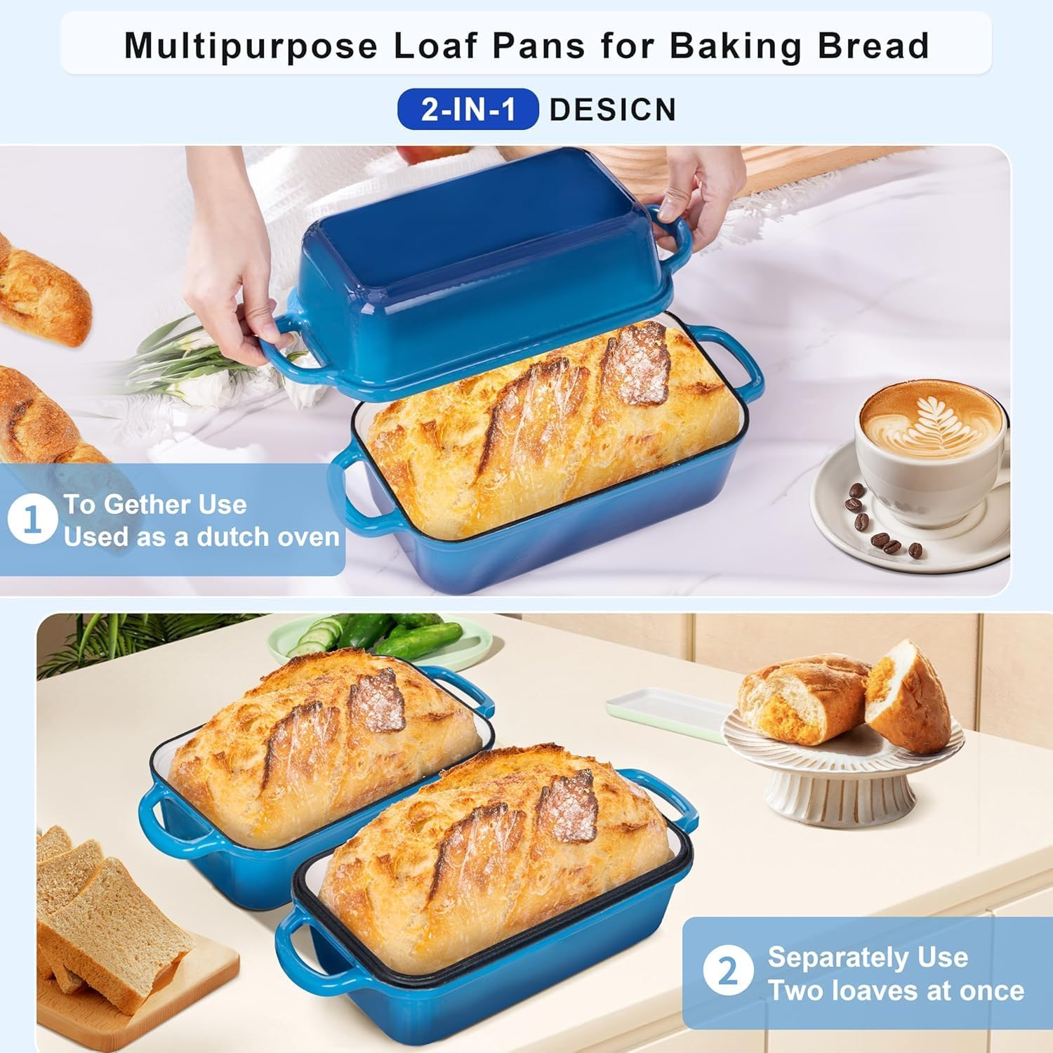 Lynn Jade Cast Iron Bread Loaf Pan with Lid, Loaf Pans for Baking Bread, 2-In-1 Enameled Loaf Pans for Baking, Bread Dutch Oven for Golden Crispy Crust for Homemade Bread & Sourdough (Marseille) image number 3