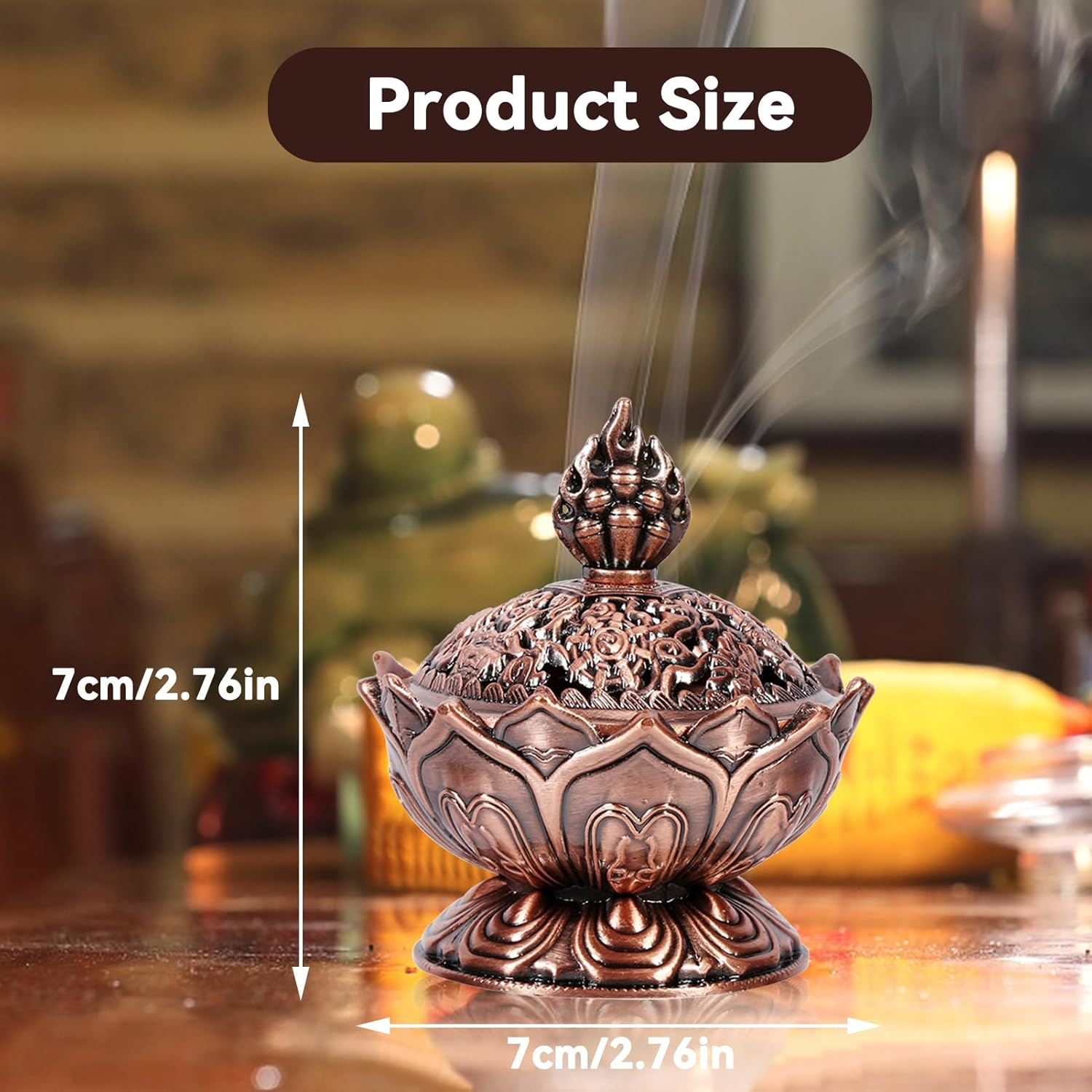 Vintage Backflow Incense Burner Bowl, Lotus Incense Holder Charcoal Censer Ash Catcher for Powder Cone or Coil Incense(Red Bronze) image number 4