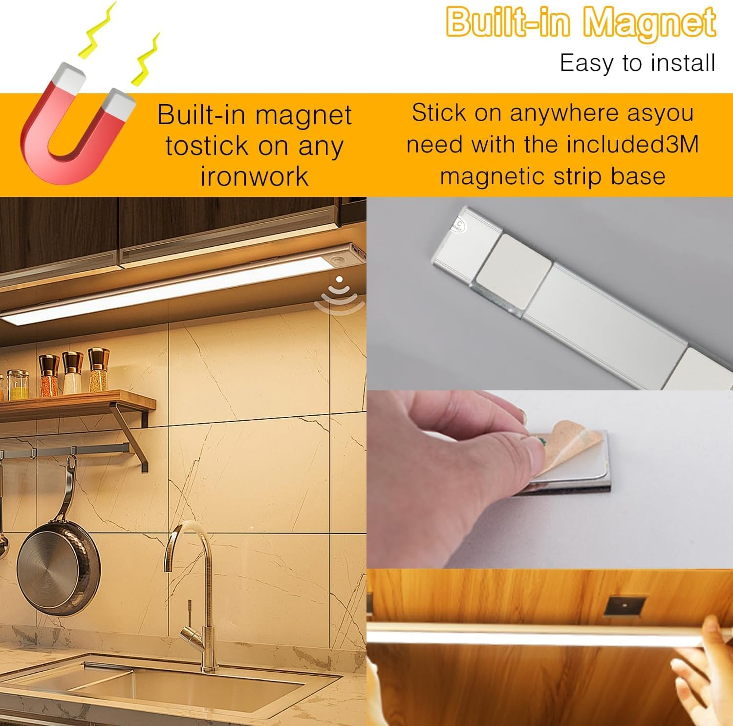 Yakiter Motion Sensor Closet LED Lights, 2 Packs 3-Color Dimming 2500Mh Rechargeable under Cabinet Night Light, 30Cm Slim Magnetic Closet Light, Wireless Light for Kitchen, Staircase, Wardrobe(2) image number 1