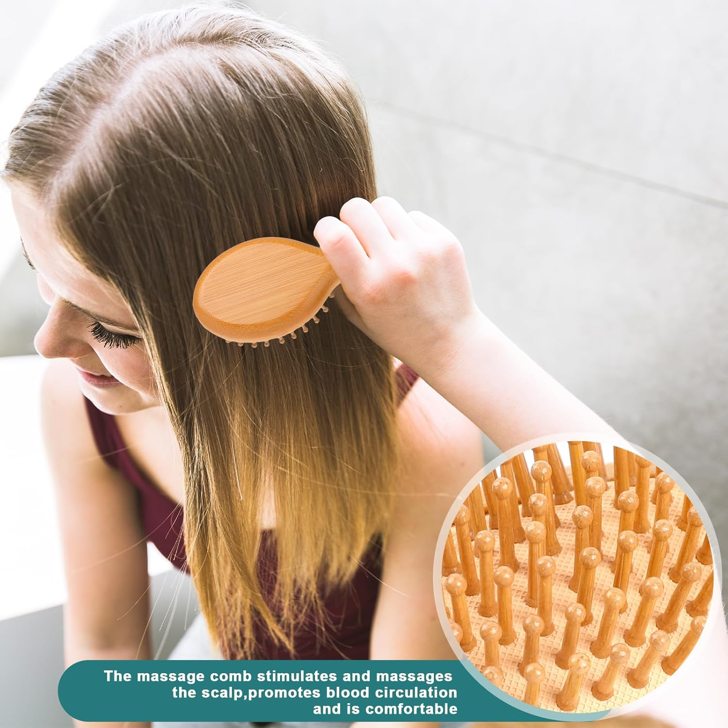 Mozeat Lens Small Bamboo Brush for Hair Growth, Natural Wooden Scalp Brush Mini Hair Scalp Massager Detangling Hairbrush for Women,With Handle Design and Anti-Static round Wood Pins image number 2