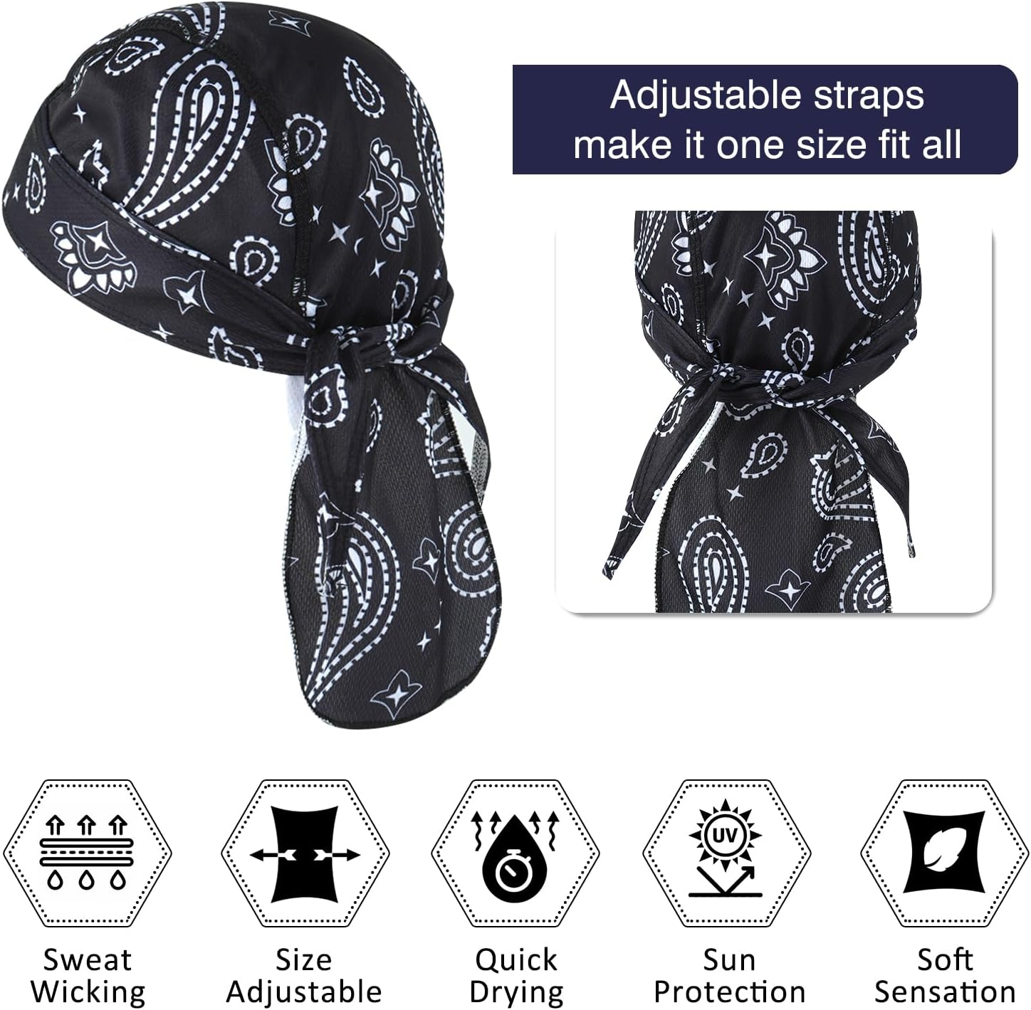 GERINLY 3 Pcs Do Rags for Men Skull Cap Breathable Bandana Hat Sweat Wicking Helmet Linner Beanie for Cycling Motorcycle - Black image number 3