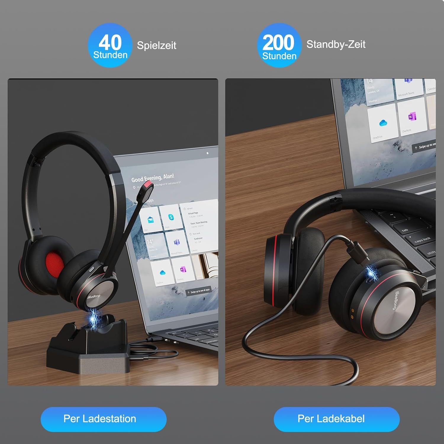 Beebang Wireless Headset, Bluetooth 5.2 Headset with Microphone & USB Dongle for PC, 40 Hours Talk Time Headphones Wireless for Mac Computer Skype Teams Zoom Laptop Office Call Centre Phone image number 1