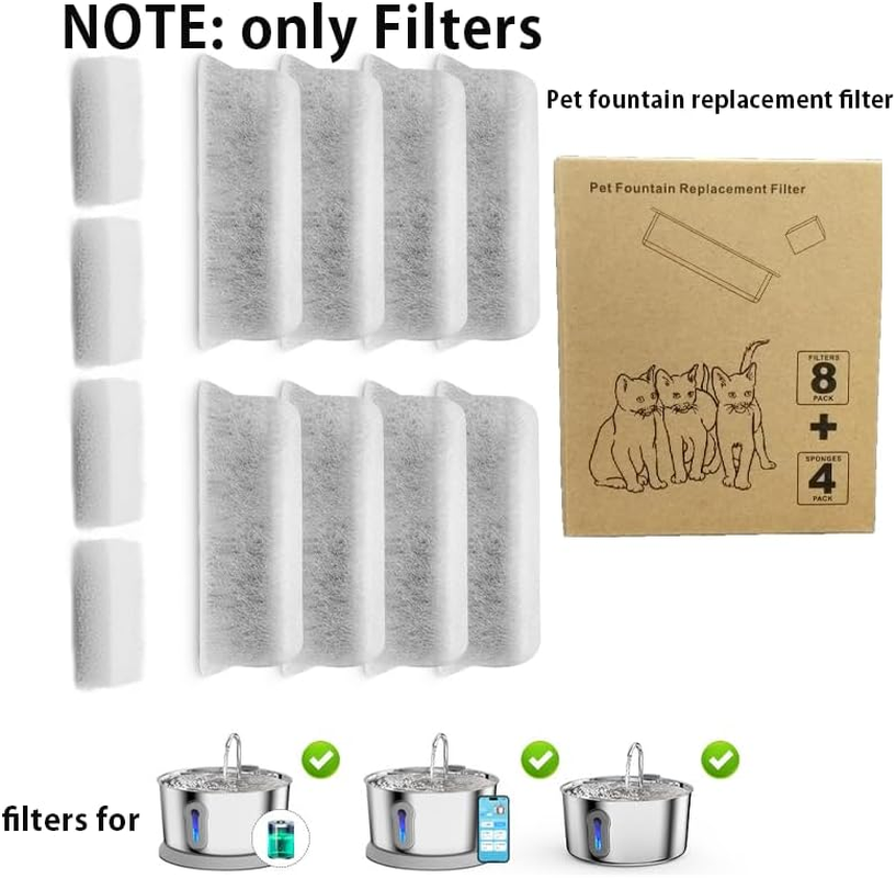 Cat Water Fountain Stainless Steel - 4L Pet Water Fountain for Cats Indoor - Automatic Pet Watering Dispenser Replacement Filters, 8 Pack Replacement Filters & 4 Pack Replacement Sponges image number 4