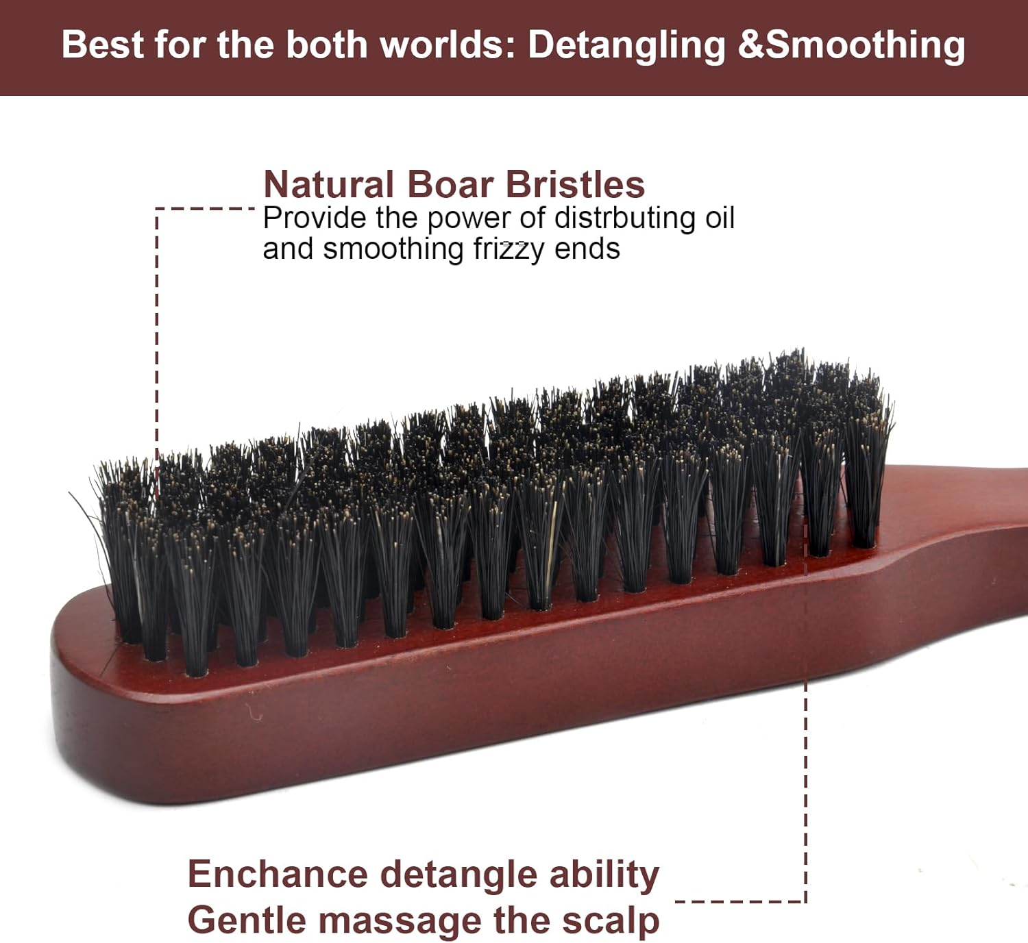 HENGBIRD Boar Bristle Hair Brush, 2 Hair Brush, Beard Brush, Wet Brush, Sleek Bun Brush, Wild Boar Bristles, Teasing Hair Brush, Tail Comb, Professional Salon Comb, Reduces Hair Breakage image number 5