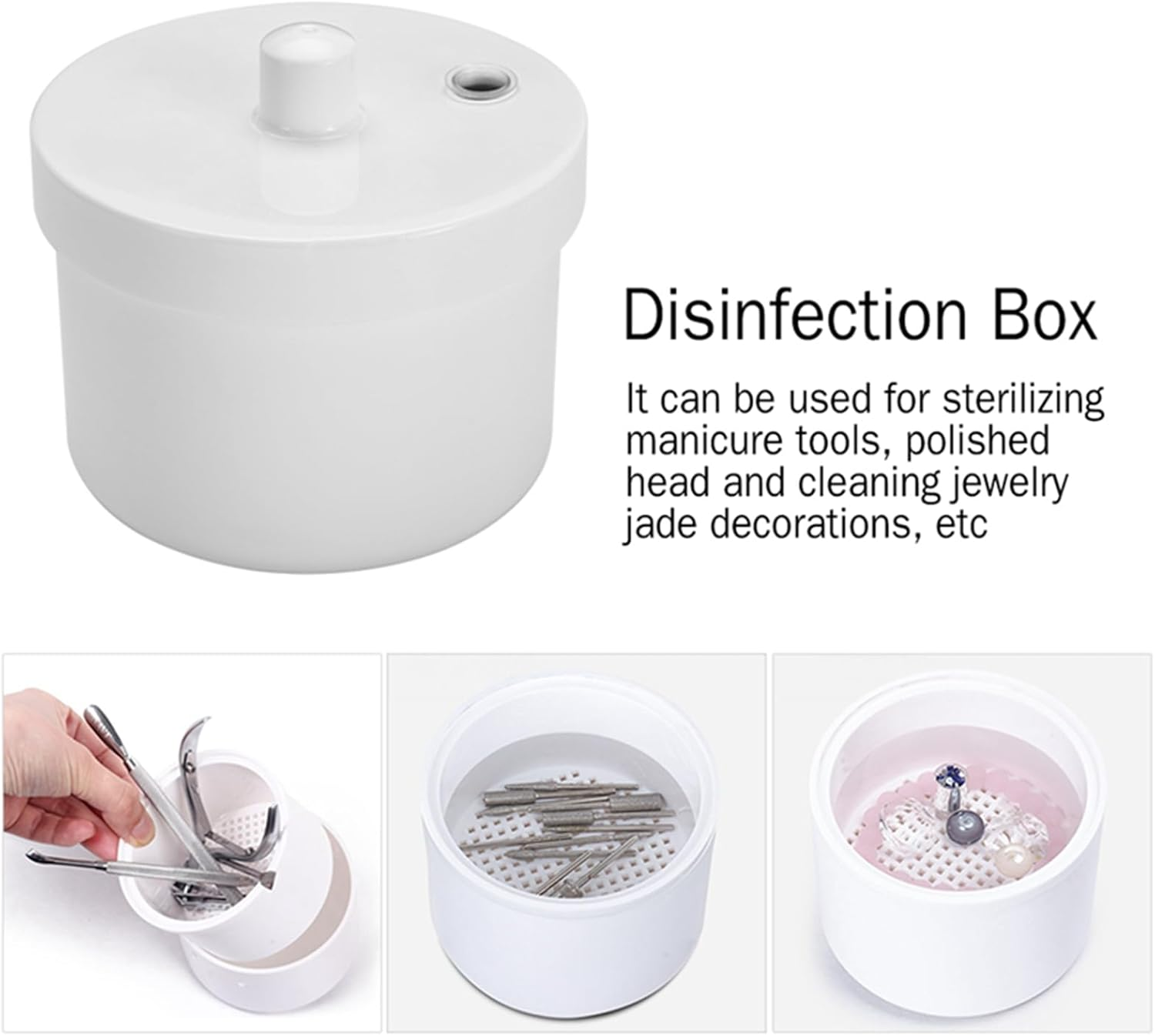 NSXAYIWE round Disinfectant Box, Durable Plastic Steriliser Pot, Practical Removable Tray and Self-Draining Basket Design, Nail Tool Steriliser image number 4