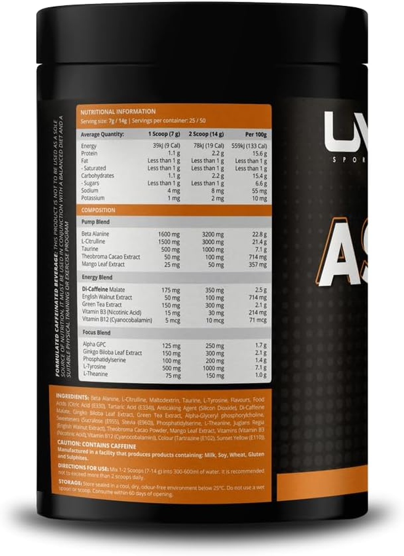 UM Sports Ascend Pre-Workout with Alpha GPC, Beta Alanine and Sustained Release Caffeine for Electric Energy, Focus and Pump - Preworkout Supplement Drink Men Women (Mango Nectar, 50 Serve) image number 2