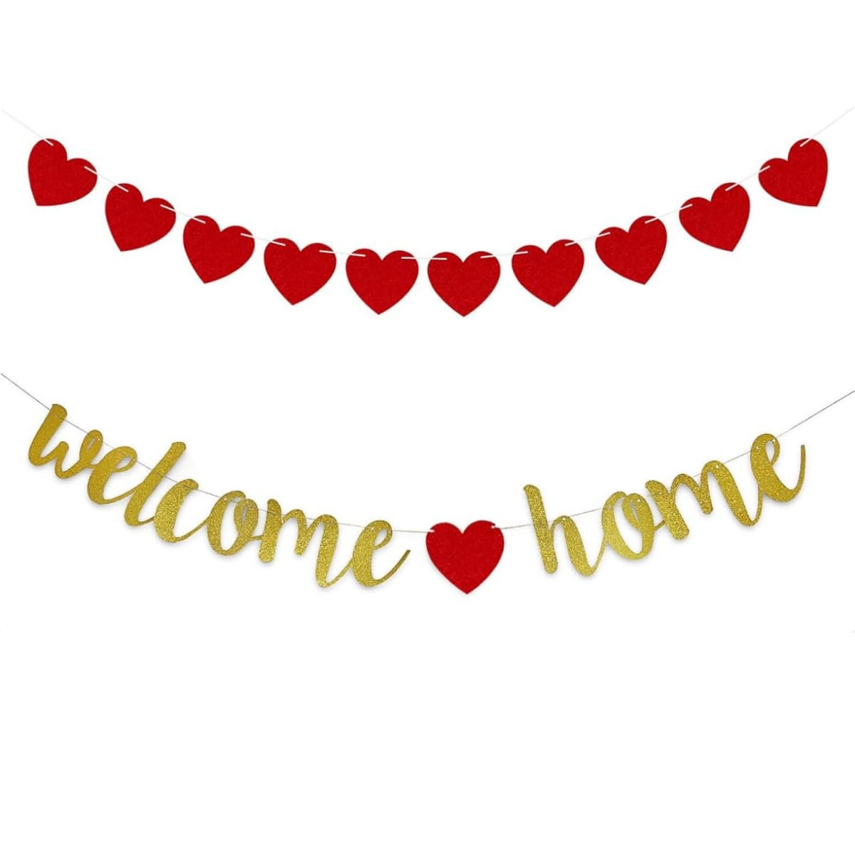 Welcome Home Banner, Welcome Home Decorations Banners Flag, Pre-Strung Shiny Party Decoration with Heart Garland, Housewarming, Family Reunion,Rustic Bunting Garland Family Gathering Photo Booth Props image number 2