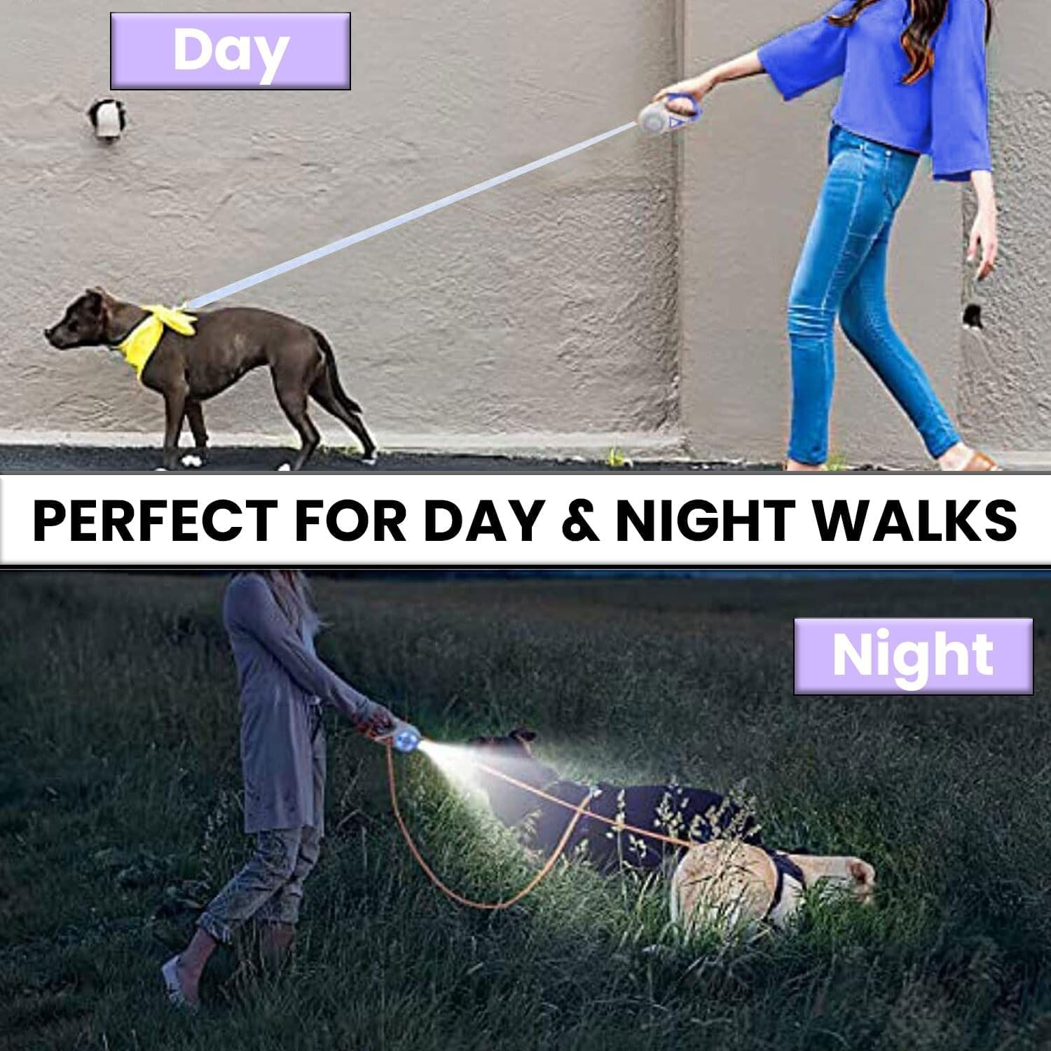 10Ft Retractable Dog Leash, Luminous Dog Walking Leash with Front Safety Led Light - 360&deg;Tangle-Free Training Leash for Ultimum Freedom with Anti-Slip Handle Dogs & Cats - Purple image number 6
