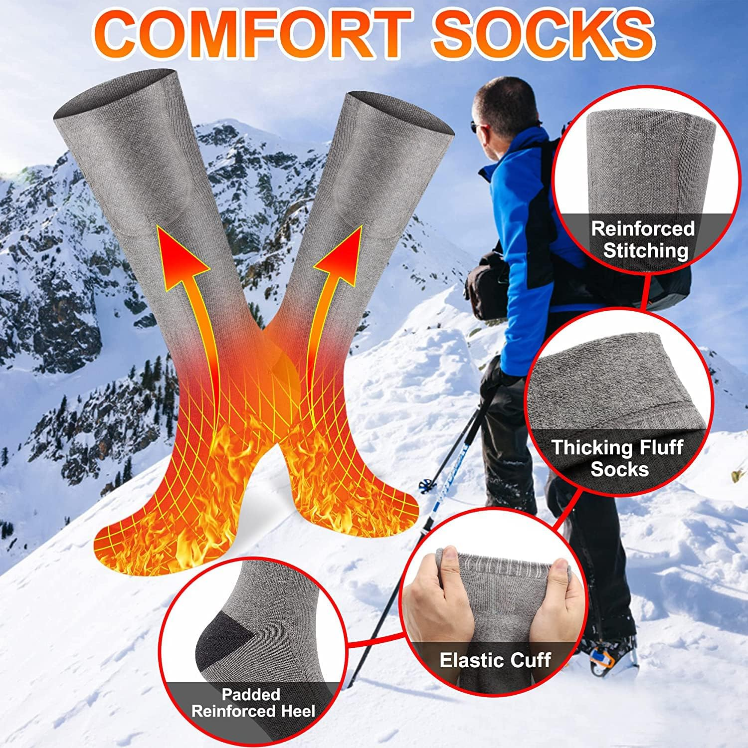 Heated Socks for Men Women, 3.7V 2200Mah Electric Rechargeable Battery Thick Long Ski Socks for Winter Cold Weather Hunting Hiking Camping Skating Motorcycle Cycling Fishing image number 5