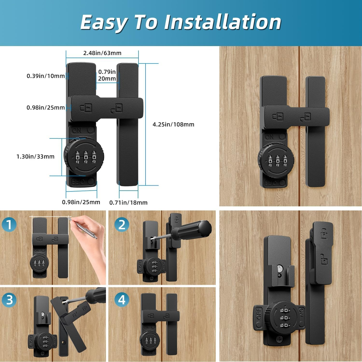 Barn Door Lock,Flip Latch Lock with Combination,90-180 Degree Sliding Door Lock,Cabinet 3-Digit Password Keyless,Gate Latches Hardware Barn Door Garage Shed Window (Barn Door Lock-180 Degrees) image number 6