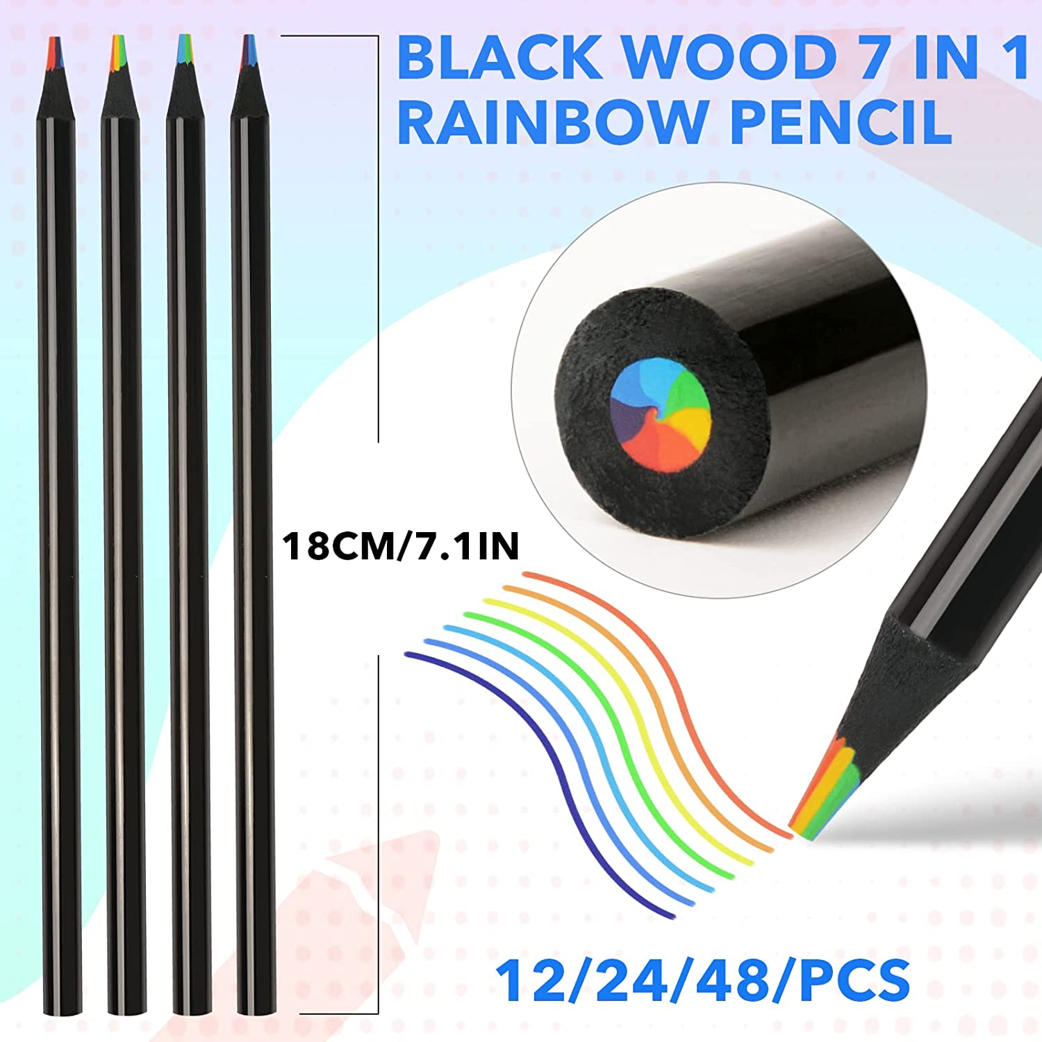 Theast Black Wooden Rainbow Colored Pencils, 7 Color in 1 Rainbow Pencils, Art Supplies for Kids and Adults, Assorted Colors for Drawing Coloring Sketching, Multicolored Core, Pre-Sharpened (48) image number 3