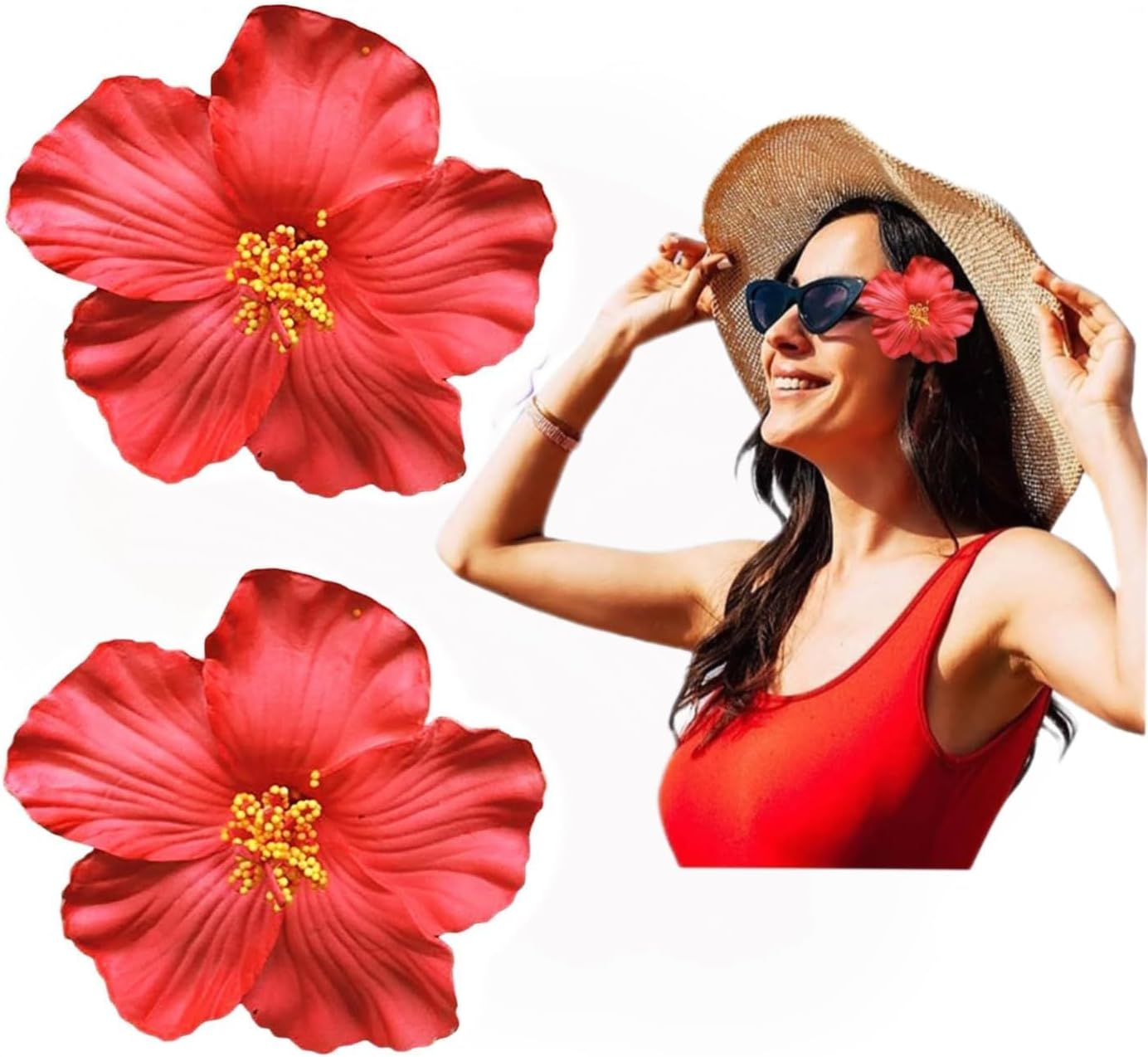 2 Pcs Red Hawaiian Flower Hair Clip for Adult Women Girls Fashion Bohemian Flowers Hair Accessory for Dancer Bridal Wedding Beach Party Clips and Barrettes Hair Accessories 8 Cm image number 3