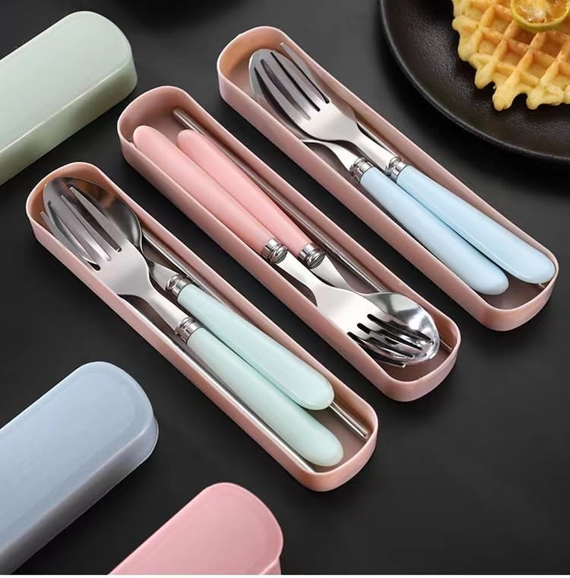 3PCS Travel Utensils with Box, Portable Utensils, Chopsticks, Spoons, Forks Travel Picnic, Reusable Tableware (Pink, One Size) - Pink image number 4