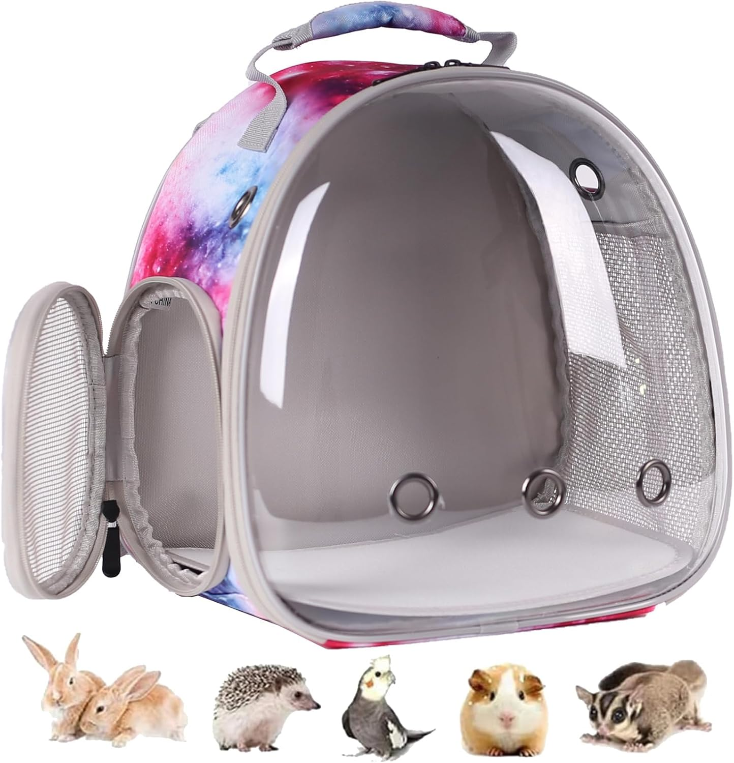 Pimoka Bunny Carrier Backpack with Space Capsule Clear Bubble Window - Portable Small Animal Backpack Travel Pet Carrier Galaxy for Guinea Pig Rabbit Bearded Dragon Rat Lizard Hamster (Galaxy Pink)