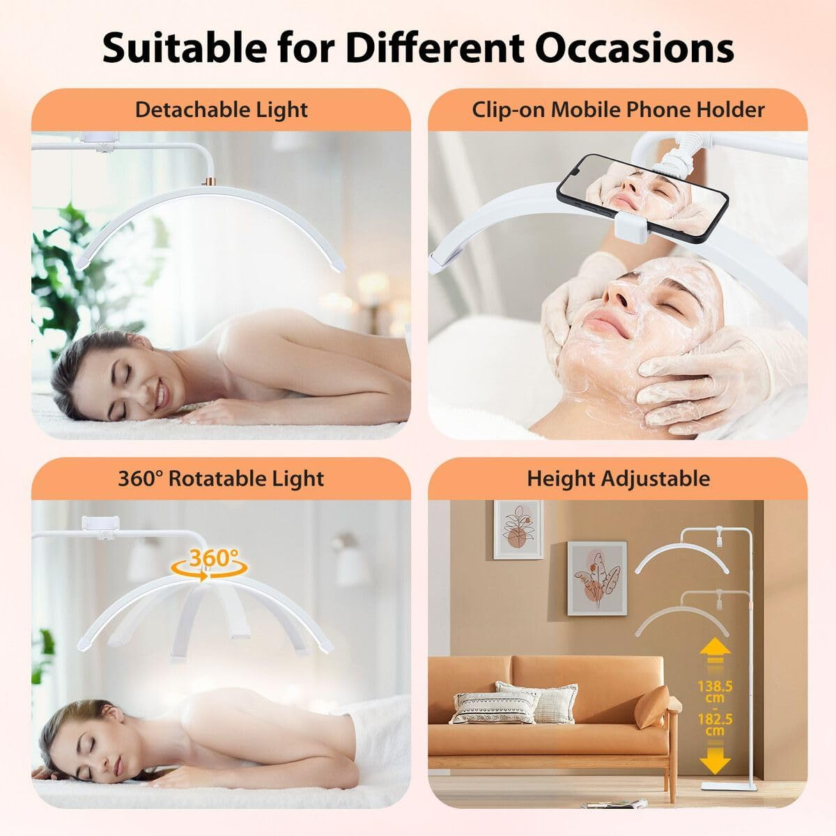 AUSWAY LED Beauty Floor Lamp Fill Light Half Moon for Lash Extensions Salon Tattoo Eyelash Spa Facial Nail Skincare Makeup Tool Adjustable Brightness with Remote White image number 2