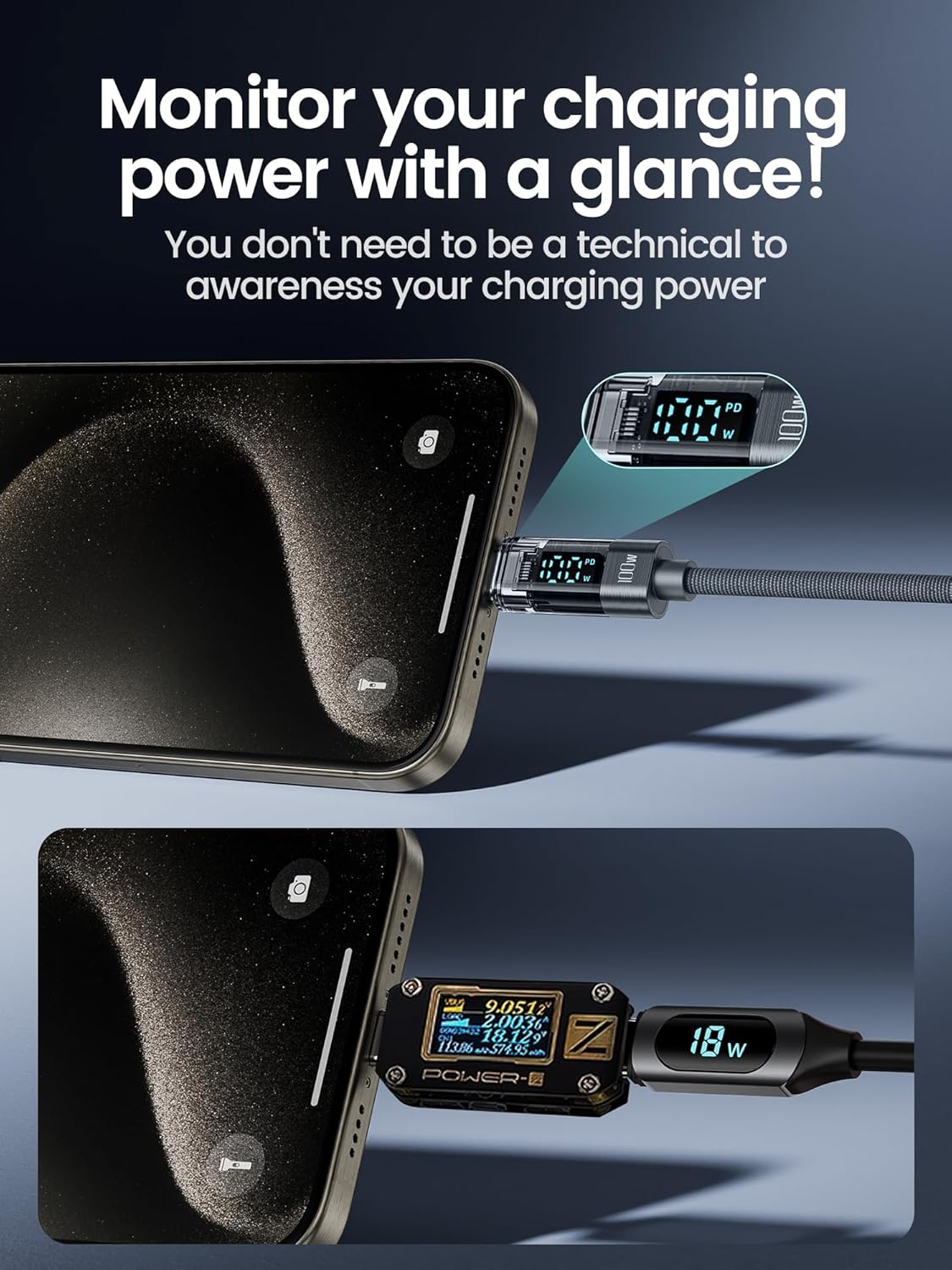 100W USB C to USB C Fast Charging Cable, 2M PD 5A Type C Cord with Intuitive Power Display & Tough Nylon Braid, Compatible with Iphone 17 16 15 Pro plus Pro Max Air Macbook Ipad Galaxy S25/S24/S23 image number 7