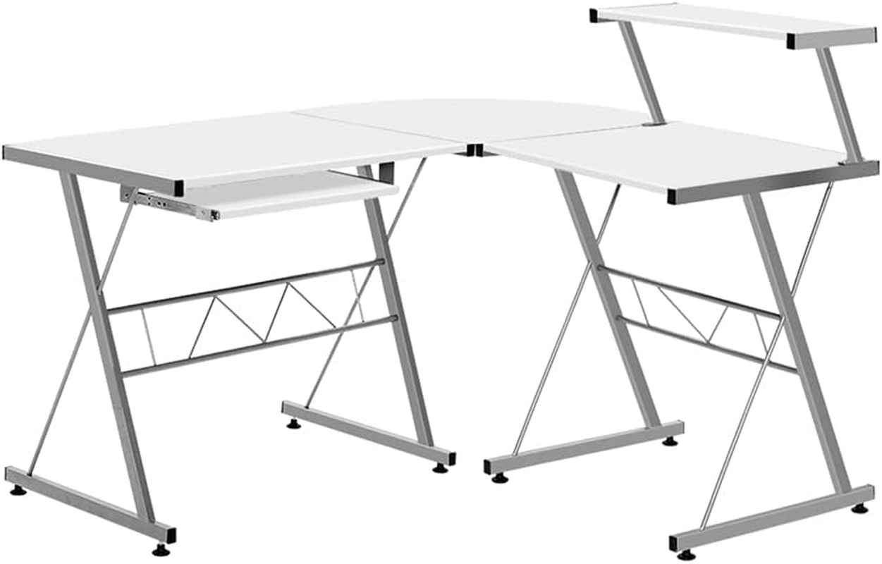 Office Computer Desk Corner Table Metal Pull-Out Keyboard Tray Top Shelf White Home Office Study Student